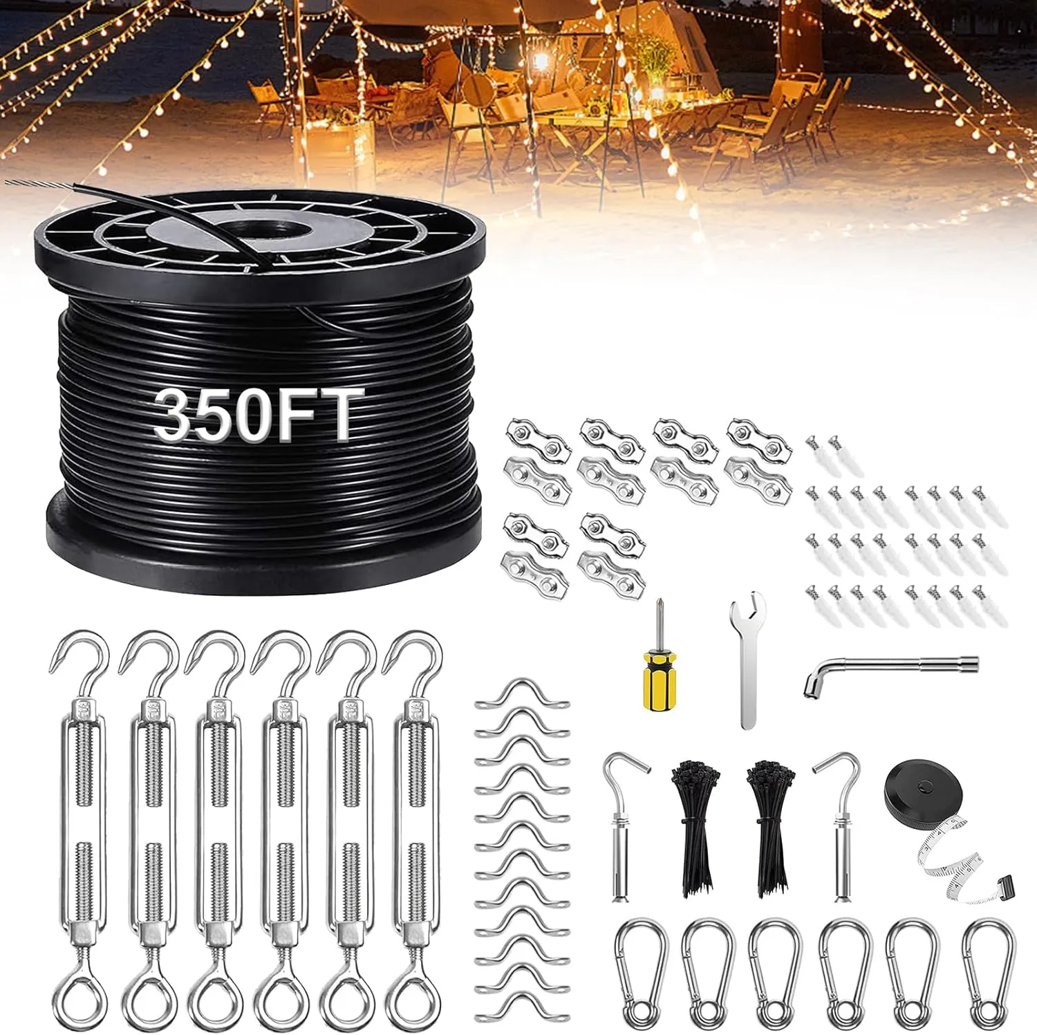Upgraded Outdoor String Light Hanging Kit, 350ft Globe String Light Suspension Kit w/Expansion Hook, Stainless Steel 304 String Light Guide Wire, Black Guy Wire kit for Wedding Dinner Barbecue