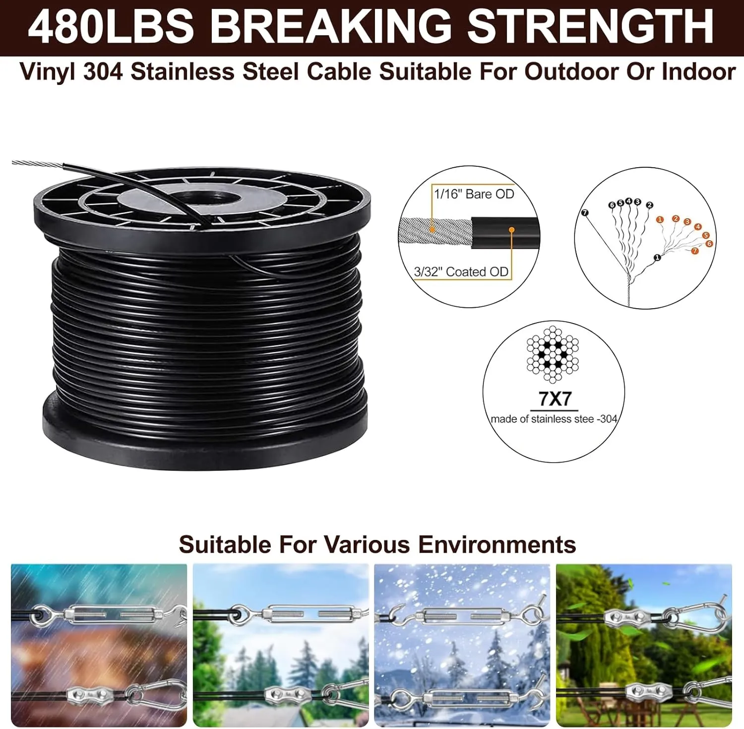 Upgraded Outdoor String Light Hanging Kit, 350ft Globe String Light Suspension Kit w/Expansion Hook, Stainless Steel 304 String Light Guide Wire, Black Guy Wire kit for Wedding Dinner Barbecue