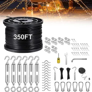Upgraded Outdoor String Light Hanging Kit, 350ft Globe String Light Suspension Kit w/Expansion Hook, Stainless Steel 304 String Light Guide Wire, Black Guy Wire kit for Wedding Dinner Barbecue