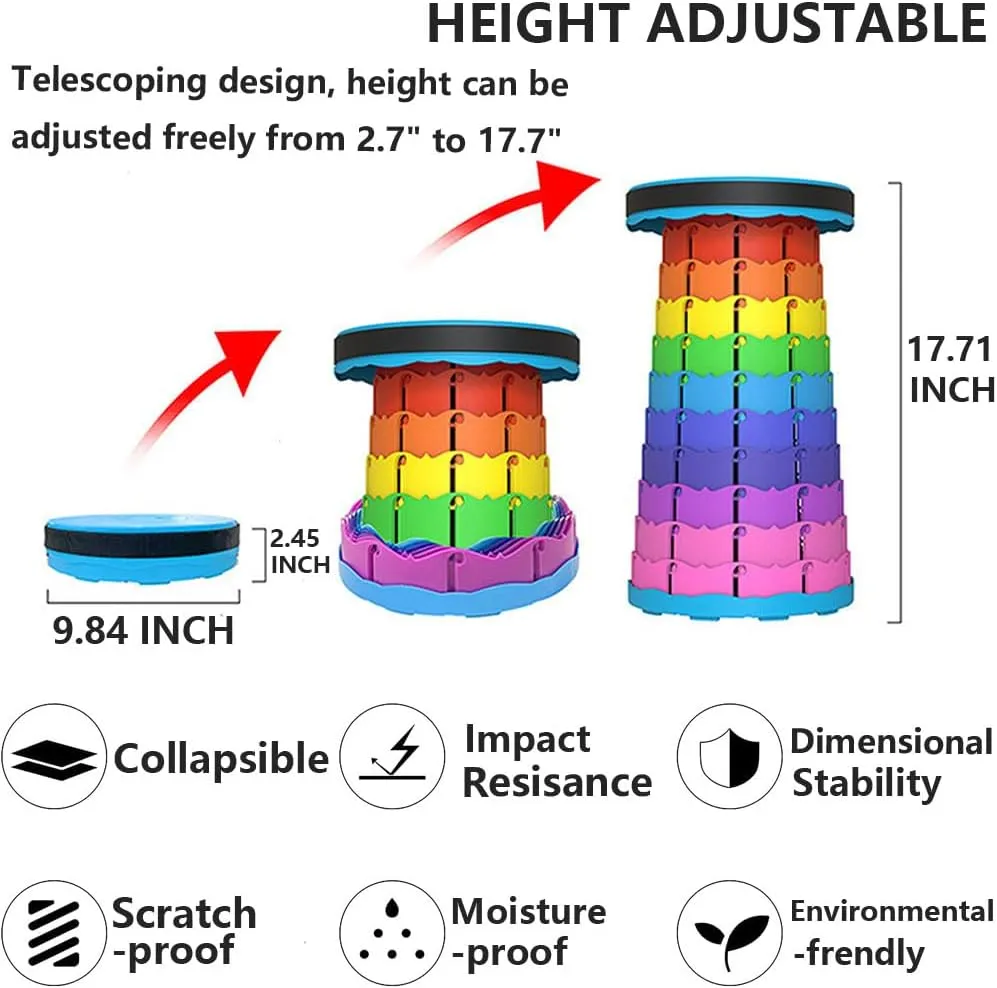 Upgraded Portable Collapsible Folding Stool with Cushion Retractable Telescoping Stool for Adults Sturdy Capacity 400bs Camping Stool for Outdoor Hiking Garden BBQ Fishing (Rainbow)