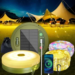 Upgraded Solar Camping String Lights for Outside, 33FT Retractable Colored Fairy String Lights Camping with Snap Portable Waterproof Solar Powered Camp Light for Tent Awning Decor