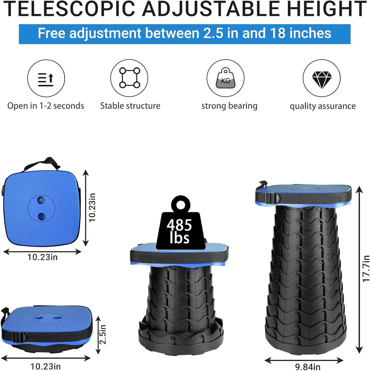 Upgraded Square Folding Stool, Max Load Capacity 485lbs, Portable Collapsible Seat, Telescoping Foldable Retractable Stool for Adult Camping Fishing Hiking Travel Outdoor BBQ