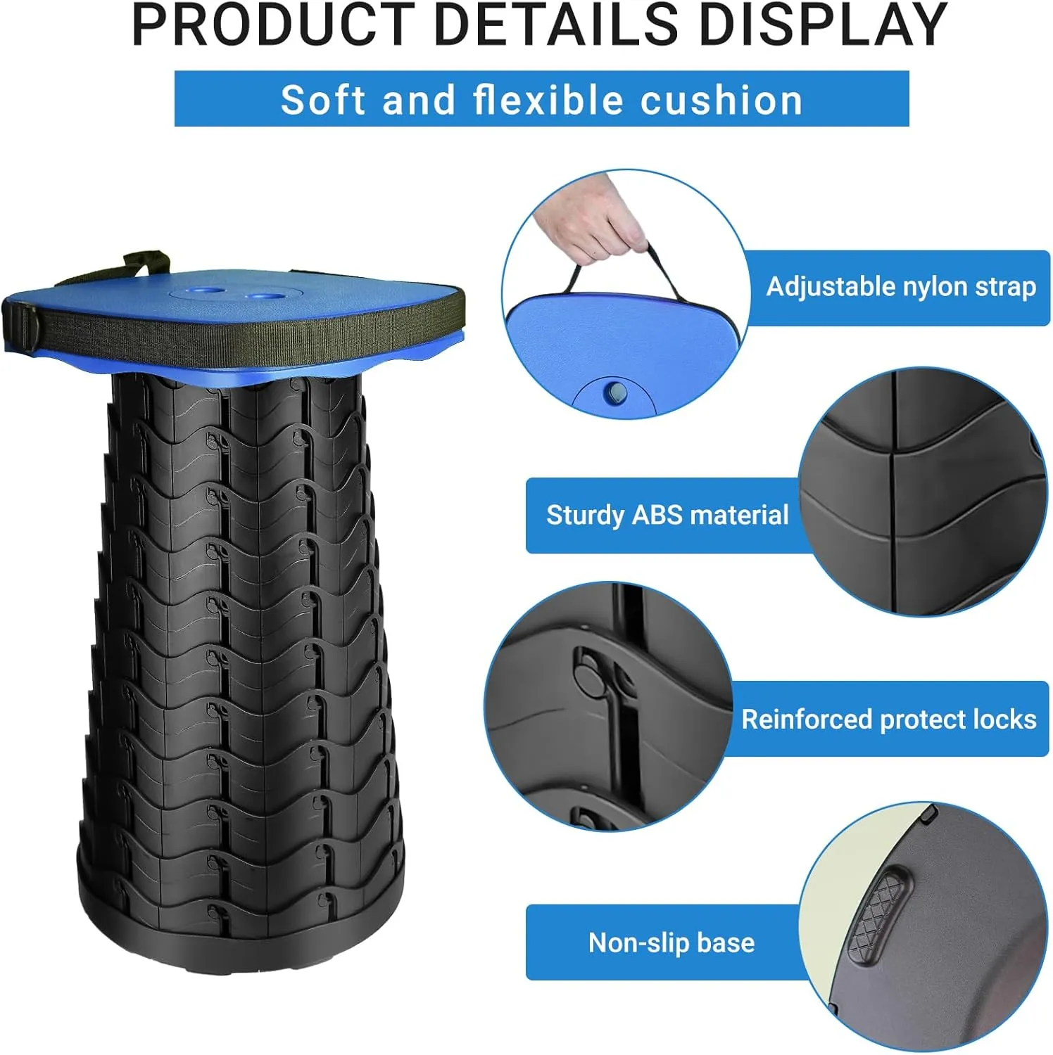 Upgraded Square Folding Stool, Max Load Capacity 485lbs, Portable Collapsible Seat, Telescoping Foldable Retractable Stool for Adult Camping Fishing Hiking Travel Outdoor BBQ