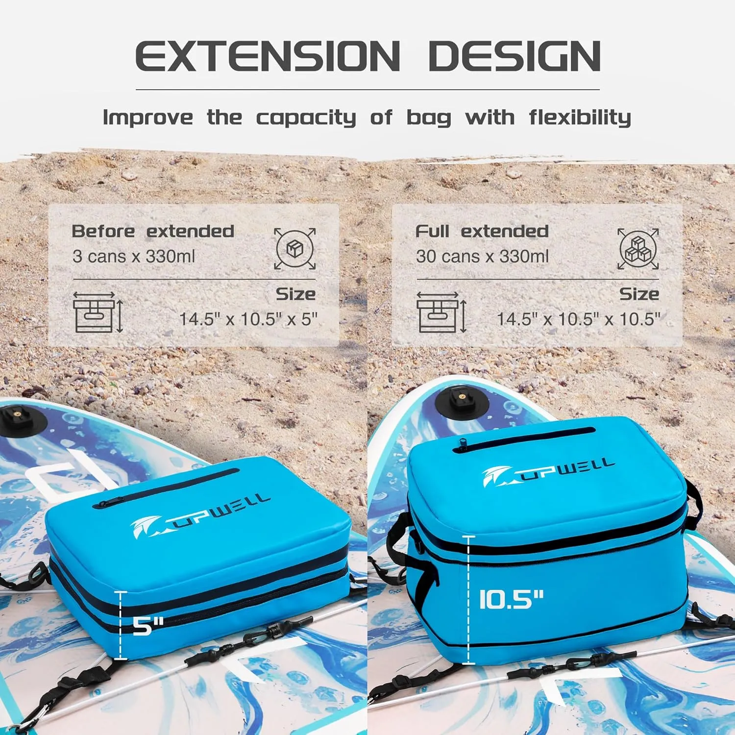 UPWELL Paddle Board Accessories - Waterproof SUP Cooler Deck Bag, PVC Dry Bag, 30 Cans Surf Kayak Cooler