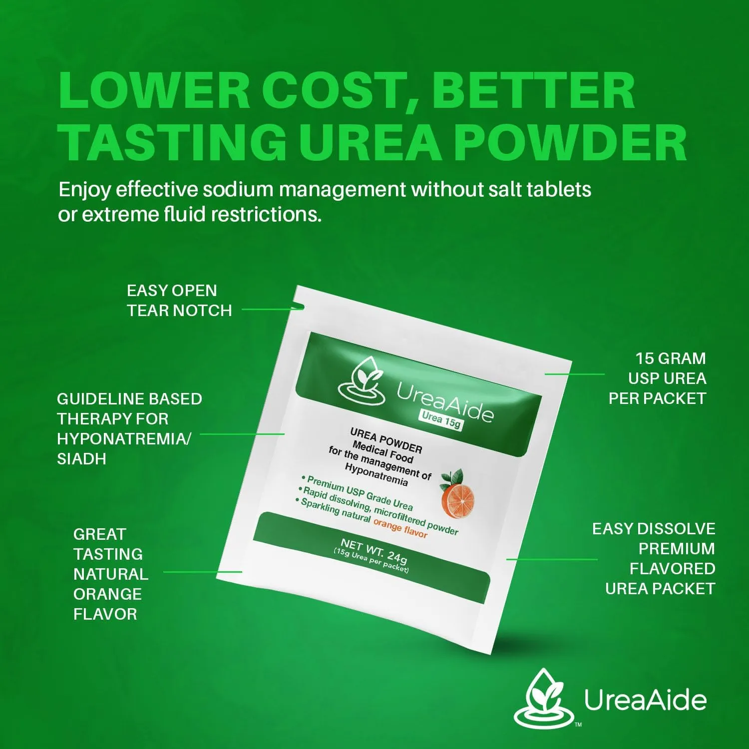 UreaAide Urea Powder Sparkling Natural Orange Flavor for Low Sodium 30 Packs Urea Powder for Hyponatremia, SIADH, Nephrologist Invented 100% Medical Grade Urea 15 gram Urea Per Packet
