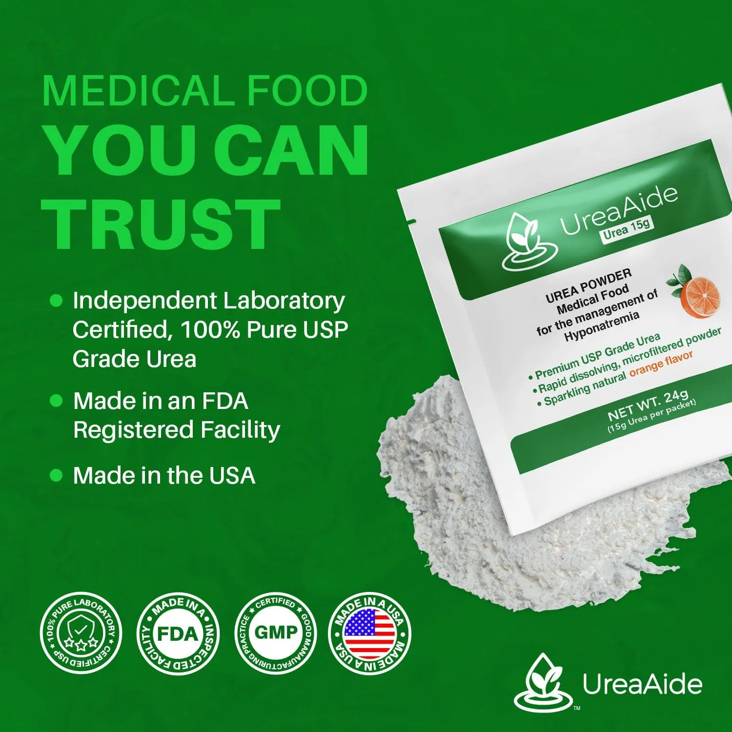 UreaAide Urea Powder Sparkling Natural Orange Flavor for Low Sodium 30 Packs Urea Powder for Hyponatremia, SIADH, Nephrologist Invented 100% Medical Grade Urea 15 gram Urea Per Packet