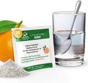UreaAide Urea Powder Sparkling Natural Orange Flavor for Low Sodium 30 Packs Urea Powder for Hyponatremia, SIADH, Nephrologist Invented 100% Medical Grade Urea 15 gram Urea Per Packet
