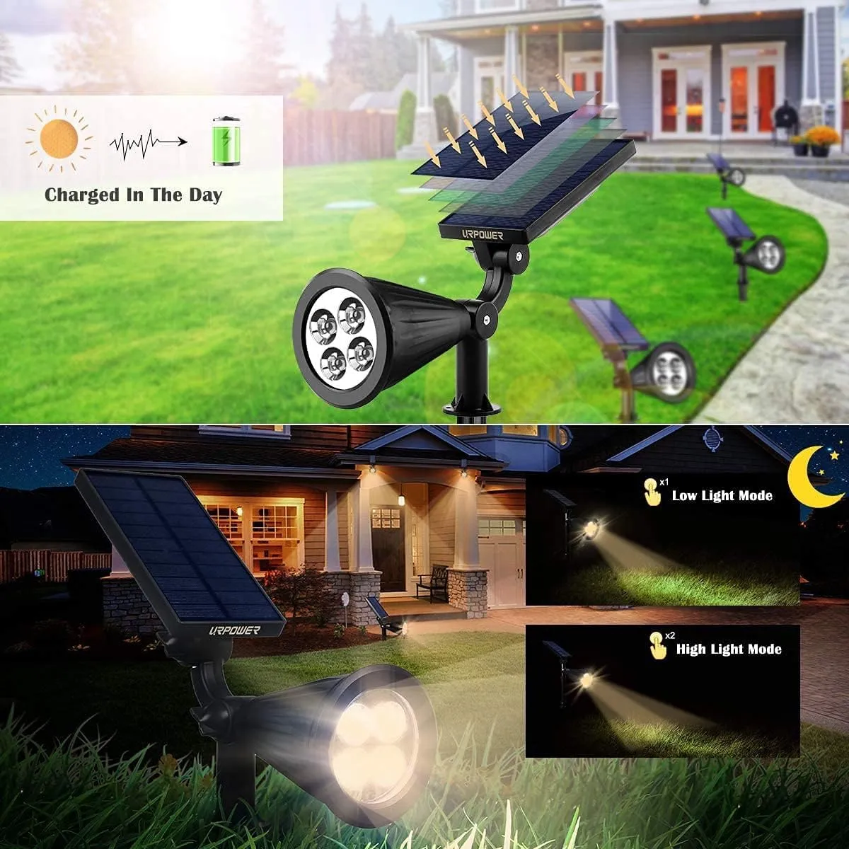 URPOWER Solar Lights Outdoor, Adjustable Spot Lights Outdoor, 2-in-1 Waterproof Landscape Spotlights Wall Light, Dusk-to-Dawn Solar Powered Light for Garden, Yard (2 Pack Warm)