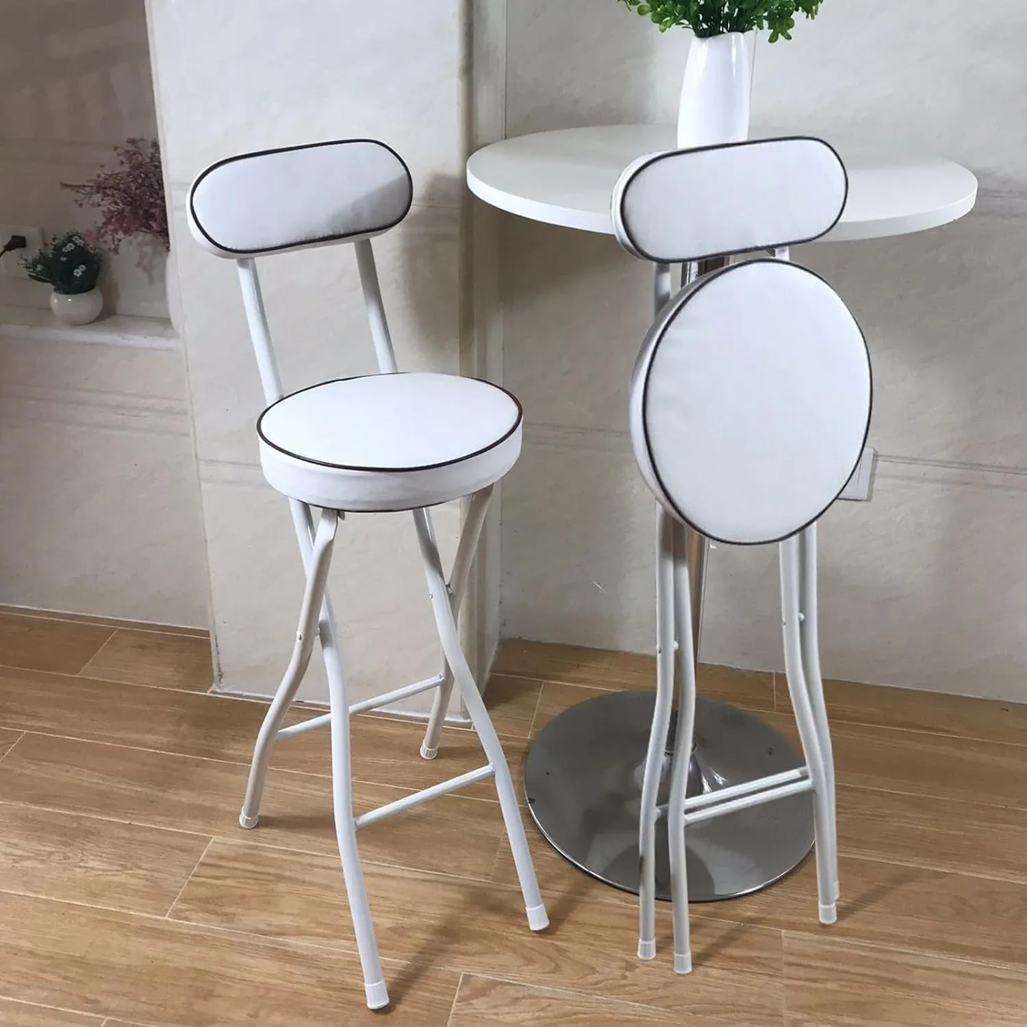 UWEAR Folding Bar Stool with Back,Tall Folding Stools Chair Leather Padded Portable Stool Counter Height Foldable Stools Chair,Collapsible Stool for Adults Kitchen Island Guitar (White)