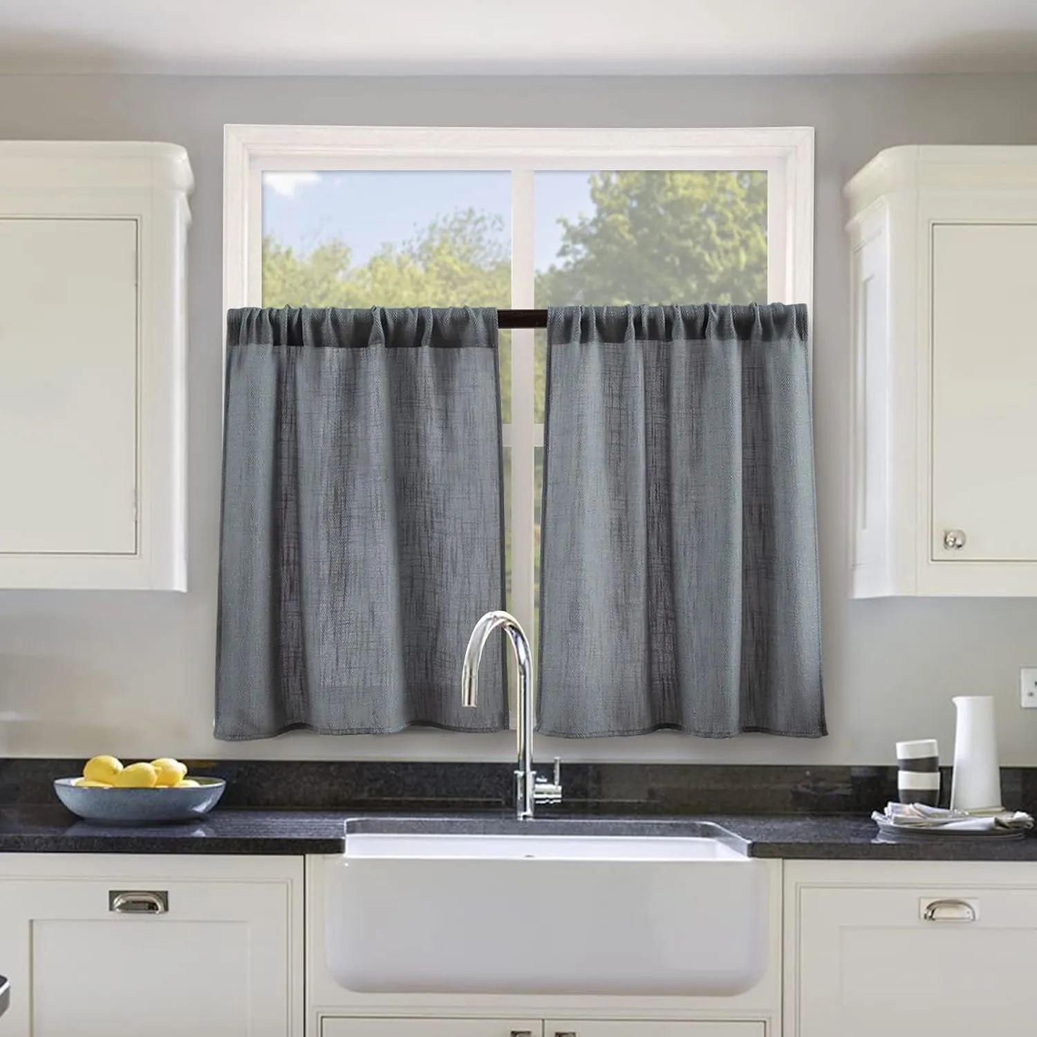 Valea Home Burlap Tier Rod Pocket Curtains for Short Kitchen Windows, Rustic Tan, 36 inch Linen Cafe, Grey, Set of 2