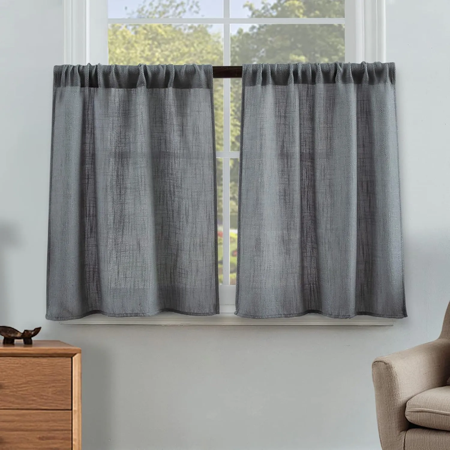 Valea Home Burlap Tier Rod Pocket Curtains for Short Kitchen Windows, Rustic Tan, 36 inch Linen Cafe, Grey, Set of 2
