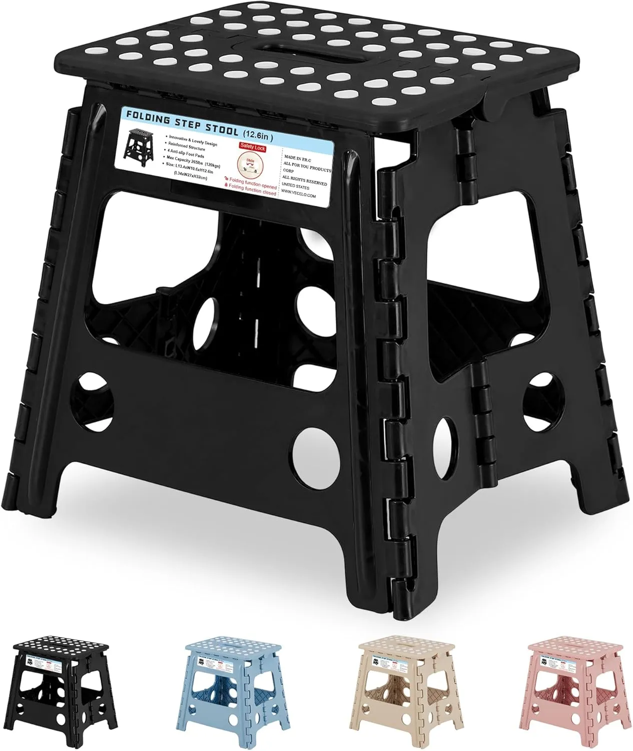 VECELO Folding Step Stool 13 Inch, Non-Slip Surface Portabl Foldable 1 Step Stool with Carry Handle, Heavy Duty to Support Kids/Toddler/Adults for Living Room Kitchen, Bathroom, Black