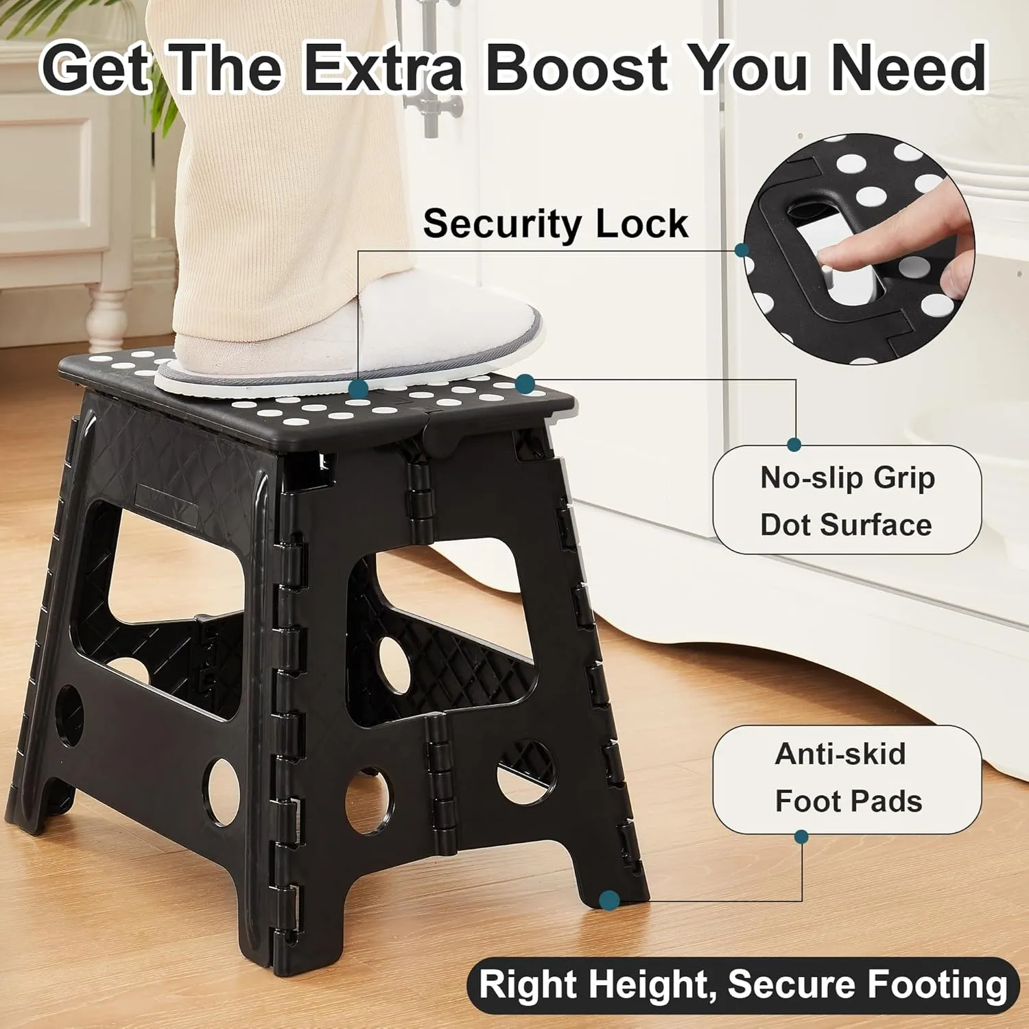 VECELO Folding Step Stool 13 Inch, Non-Slip Surface Portabl Foldable 1 Step Stool with Carry Handle, Heavy Duty to Support Kids/Toddler/Adults for Living Room Kitchen, Bathroom, Black