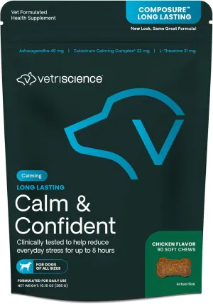 VetriScience Long Lasting Calm & Confident Calming Chews for Dogs, Supplement for Stress Support, Thunderstorms, Fireworks, & Travel, Chicken, Soft Chews, 90 Count - New Look