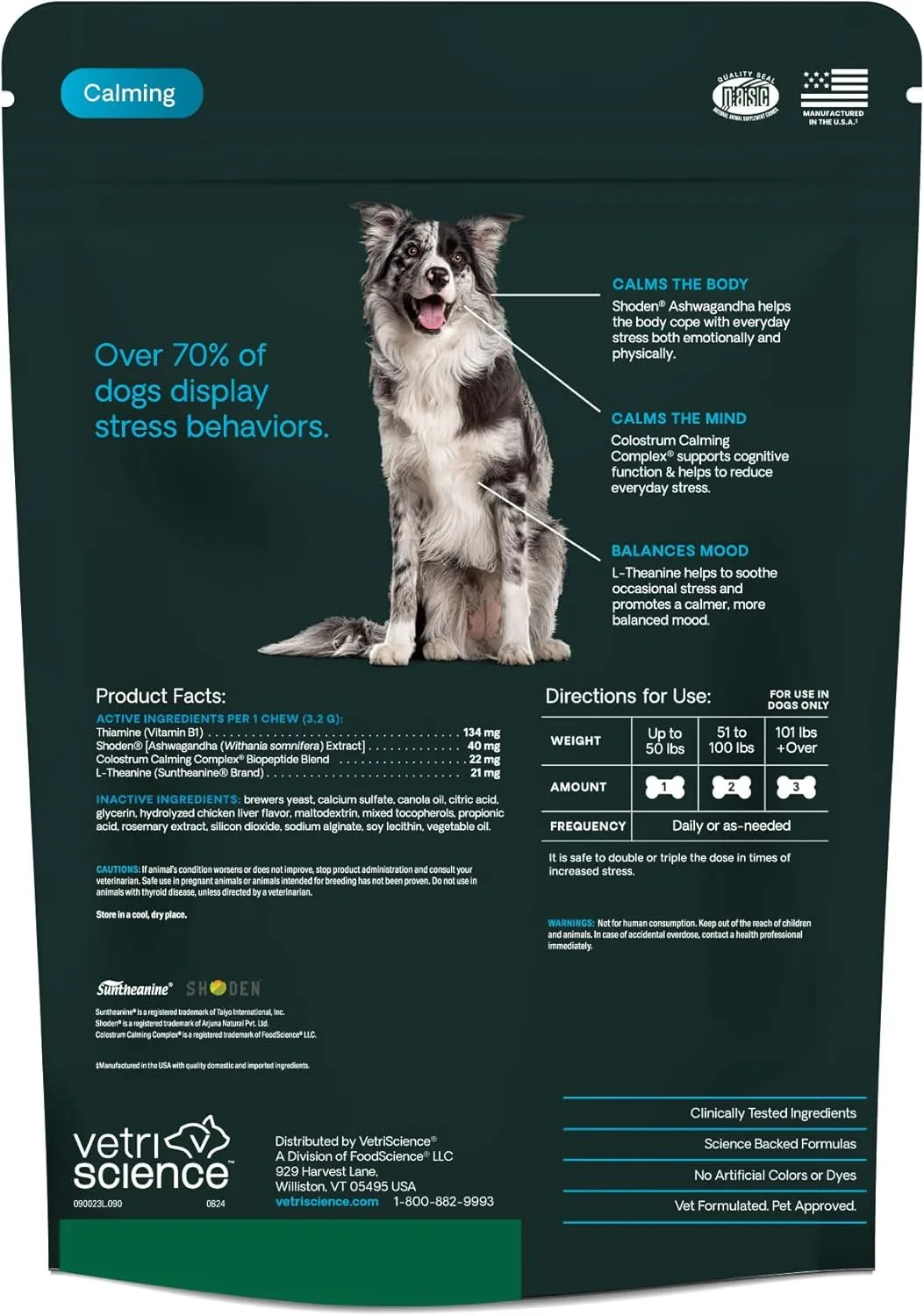 VetriScience Long Lasting Calm & Confident Calming Chews for Dogs, Supplement for Stress Support, Thunderstorms, Fireworks, & Travel, Chicken, Soft Chews, 90 Count - New Look