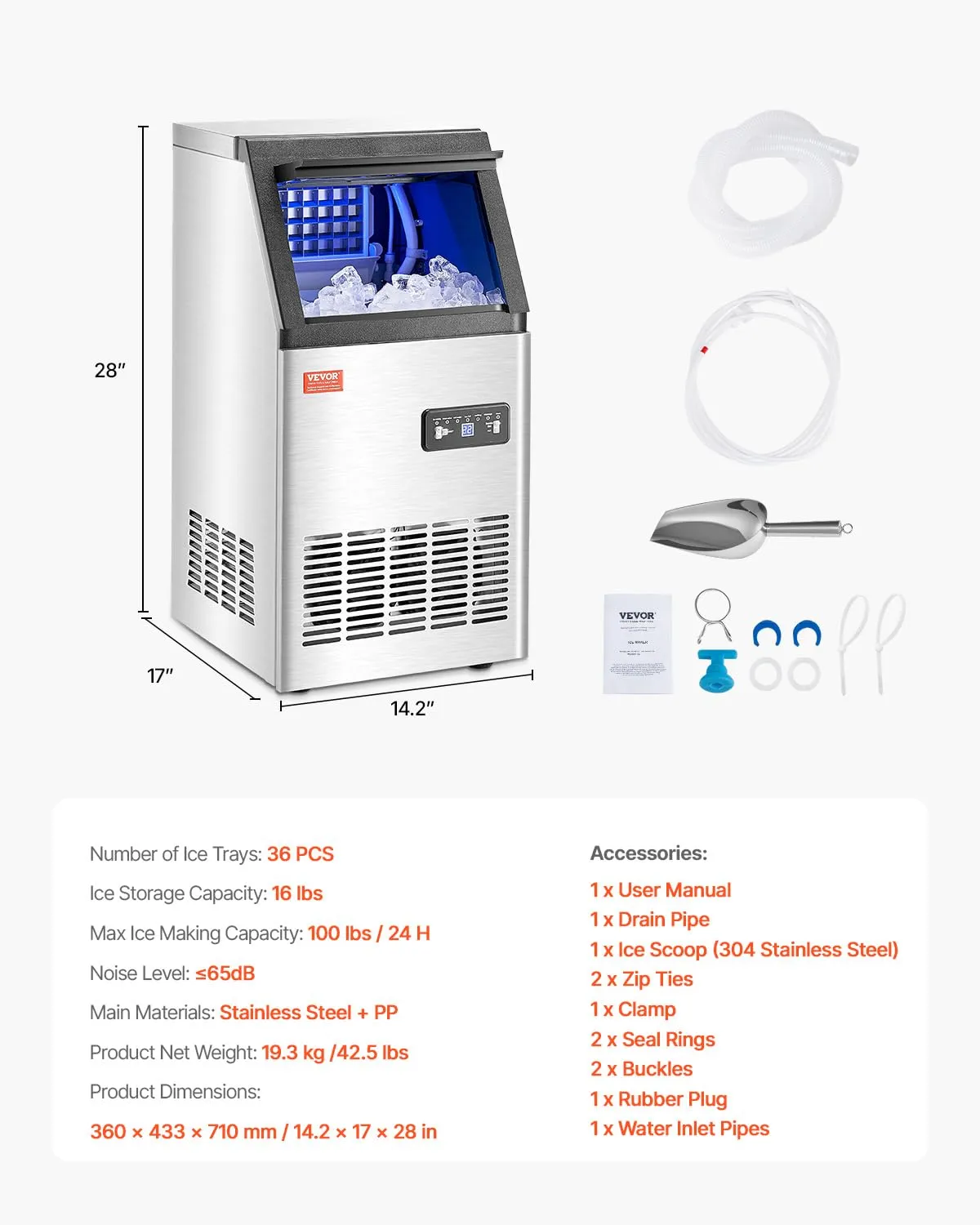 VEVOR Commercial Ice Maker Machine, 100lbs/24H Ice Maker Machine with 16lbs Storage Capacity, 36 Ice Cubes in 15 Minutes, LED Digital Display Freestanding Self-Cleaning for Bar Office Restaurant