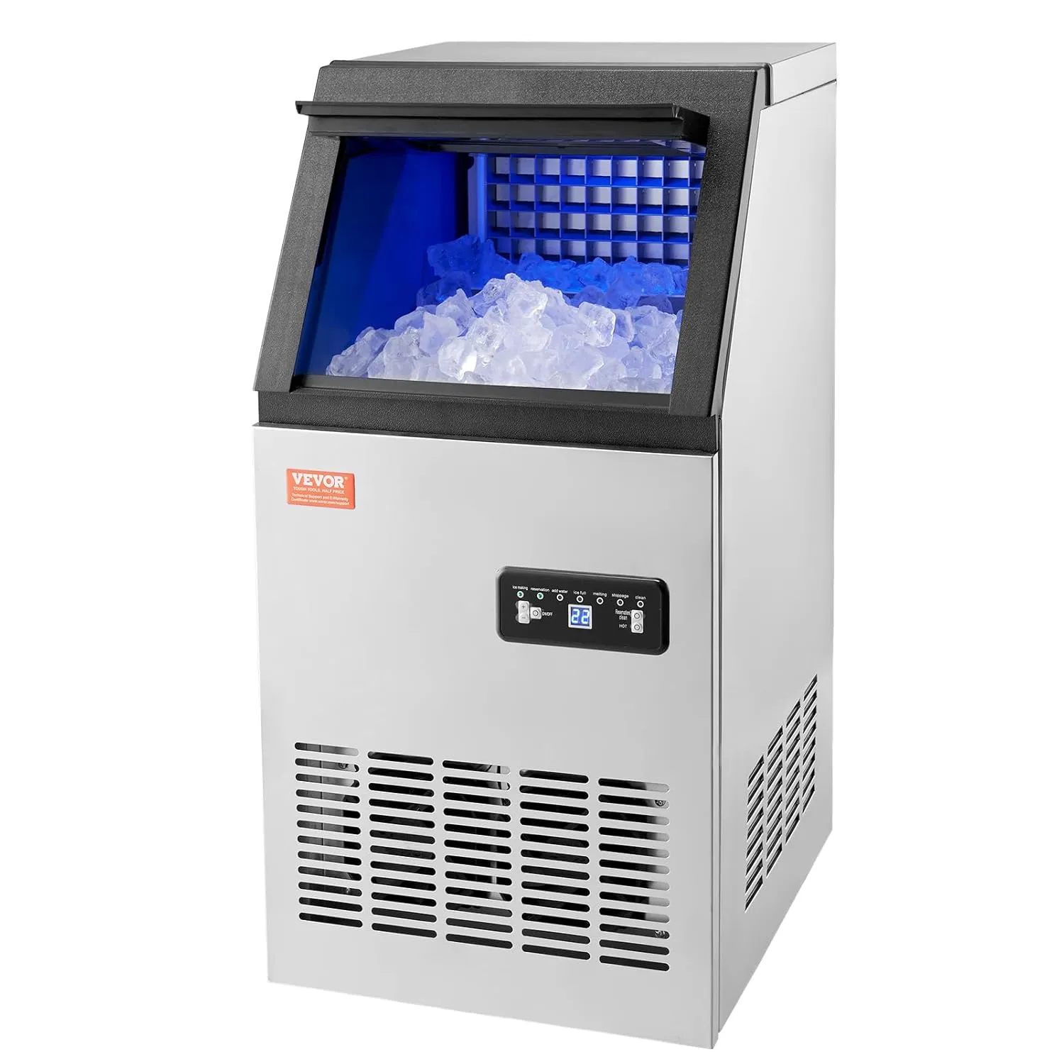 VEVOR Commercial Ice Maker Machine, 100lbs/24H Ice Maker Machine with 16lbs Storage Capacity, 36 Ice Cubes in 15 Minutes, LED Digital Display Freestanding Self-Cleaning for Bar Office Restaurant