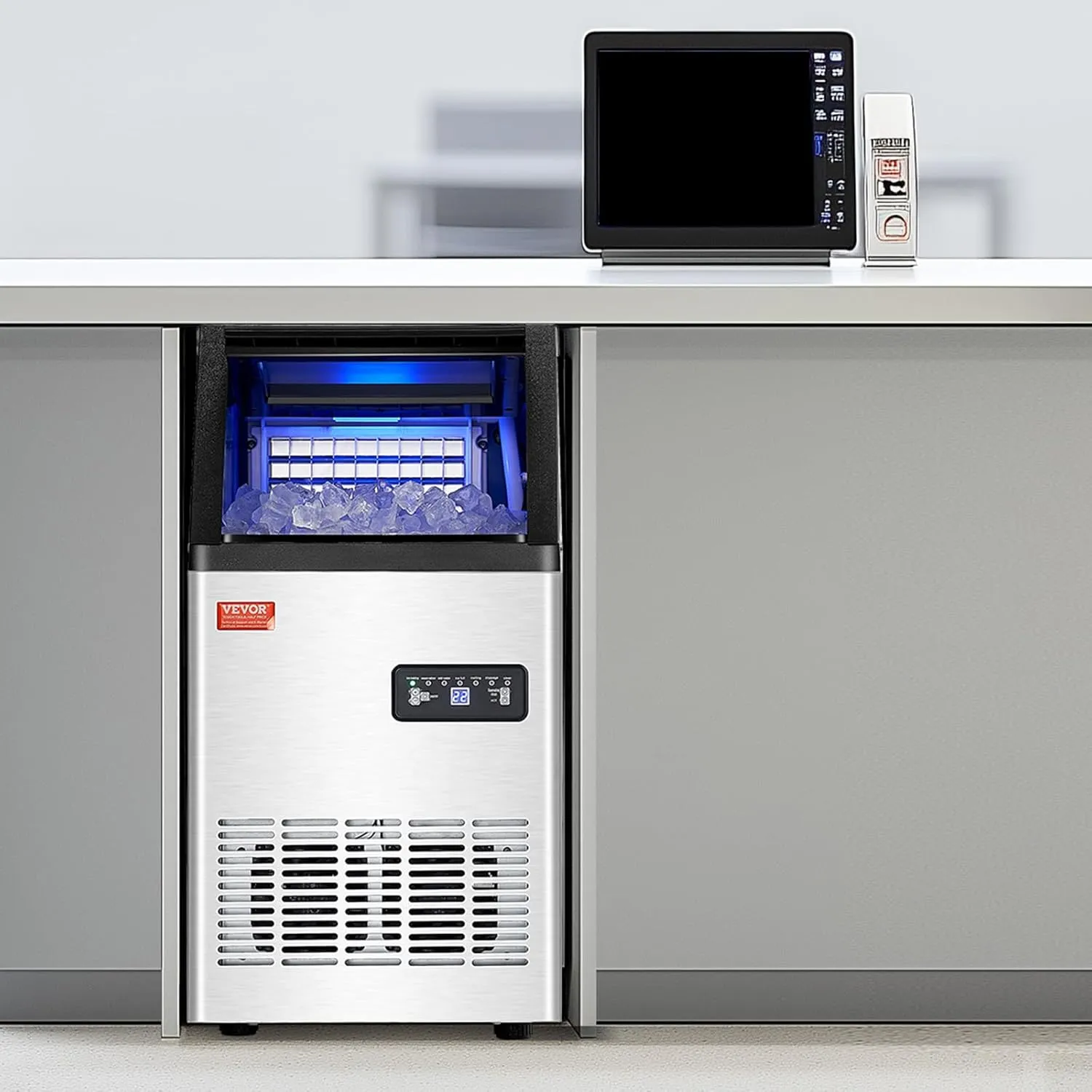 VEVOR Commercial Ice Maker Machine, 100lbs/24H Ice Maker Machine with 16lbs Storage Capacity, 36 Ice Cubes in 15 Minutes, LED Digital Display Freestanding Self-Cleaning for Bar Office Restaurant