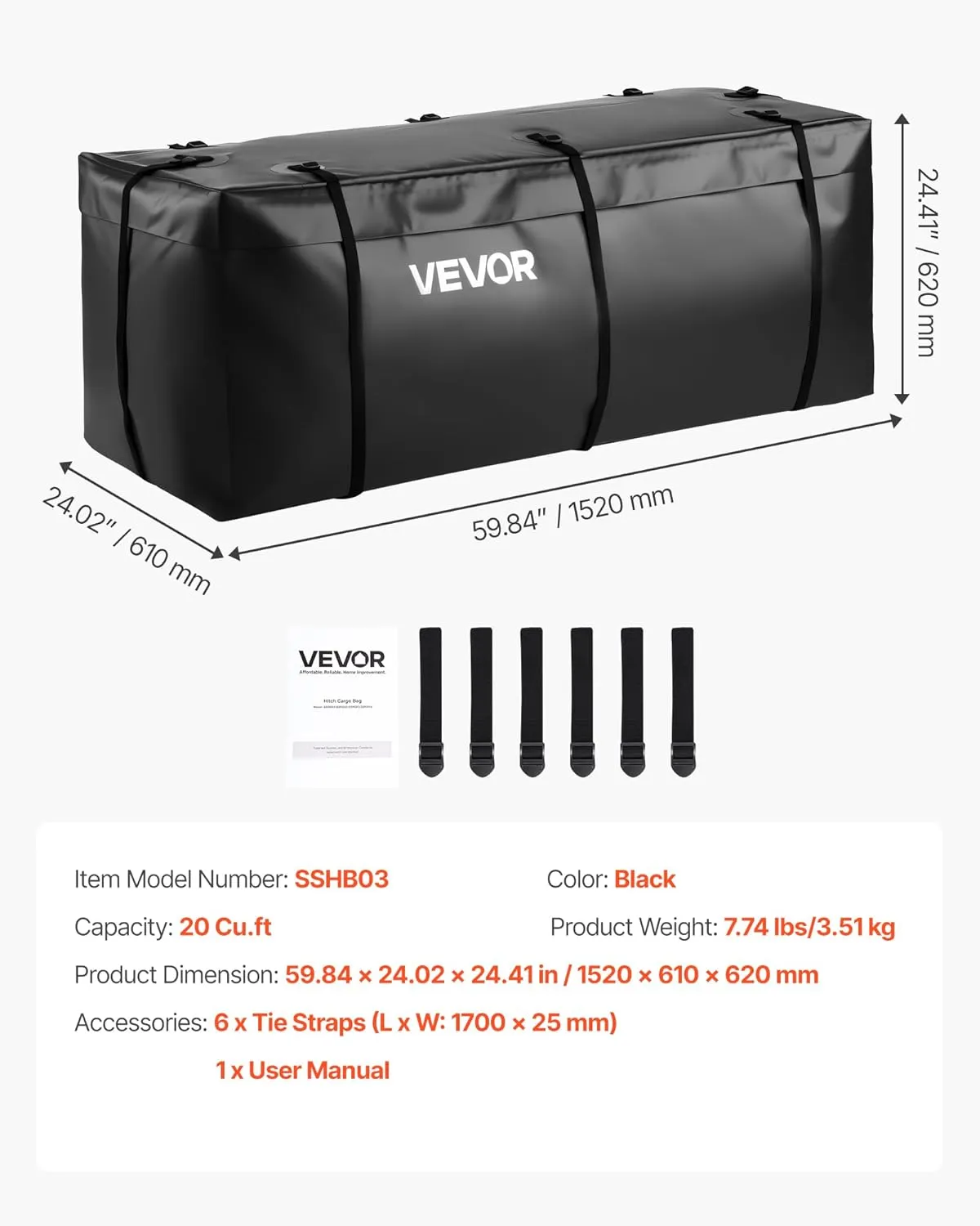 VEVOR Hitch Cargo Carrier Bag, Waterproof 840D PVC, 59.84 x 23.9 x 24.02 in (20 Cubic Feet), Heavy Duty Cargo Bag for Truck Bed Storage with 8 Reinforced Straps, Suitable for Car Vans Hitch Basket