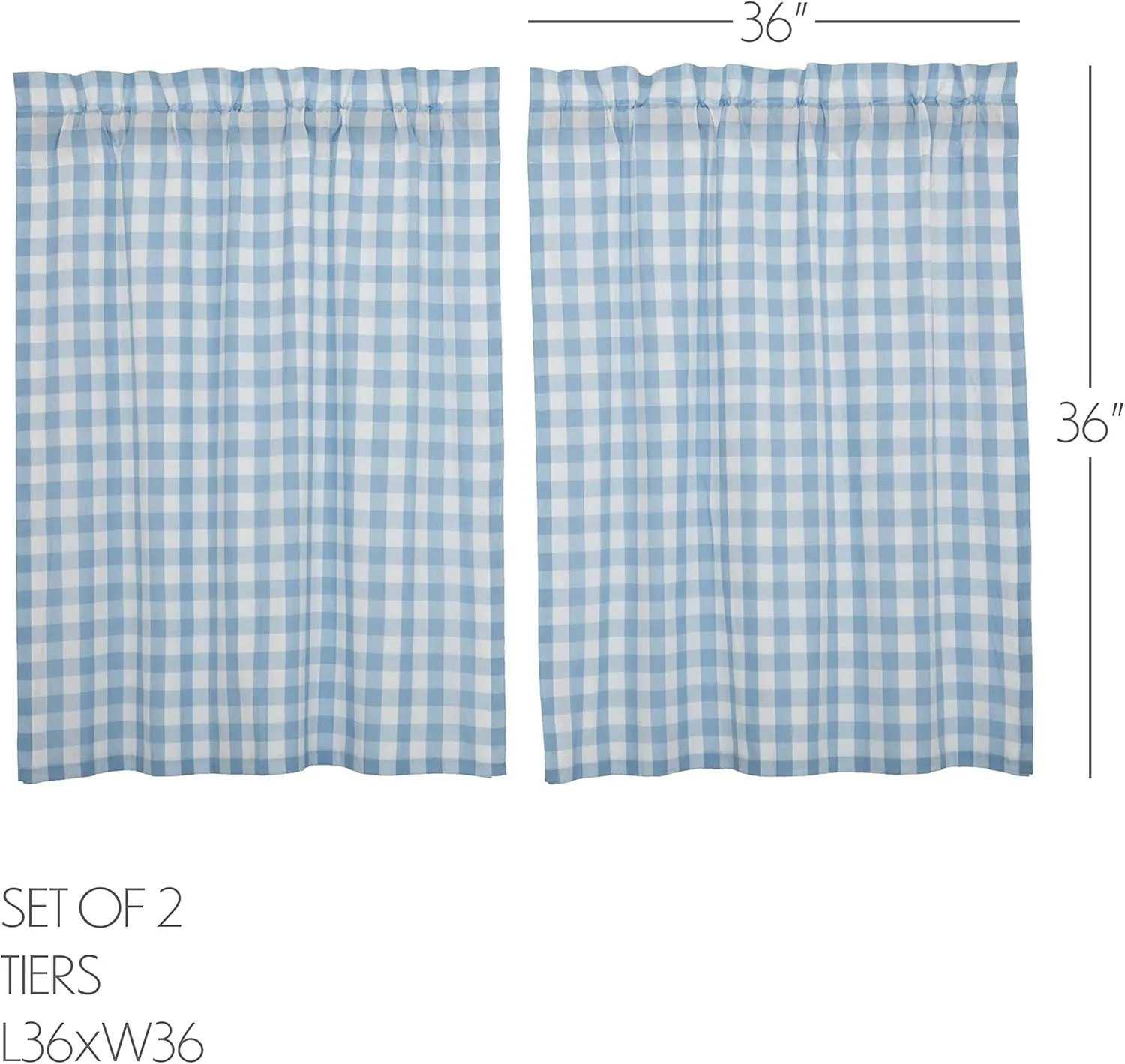 VHC Brands Annie Blue Buffalo Check Farmhouse Tier Kitchen Curtain Set 36x36