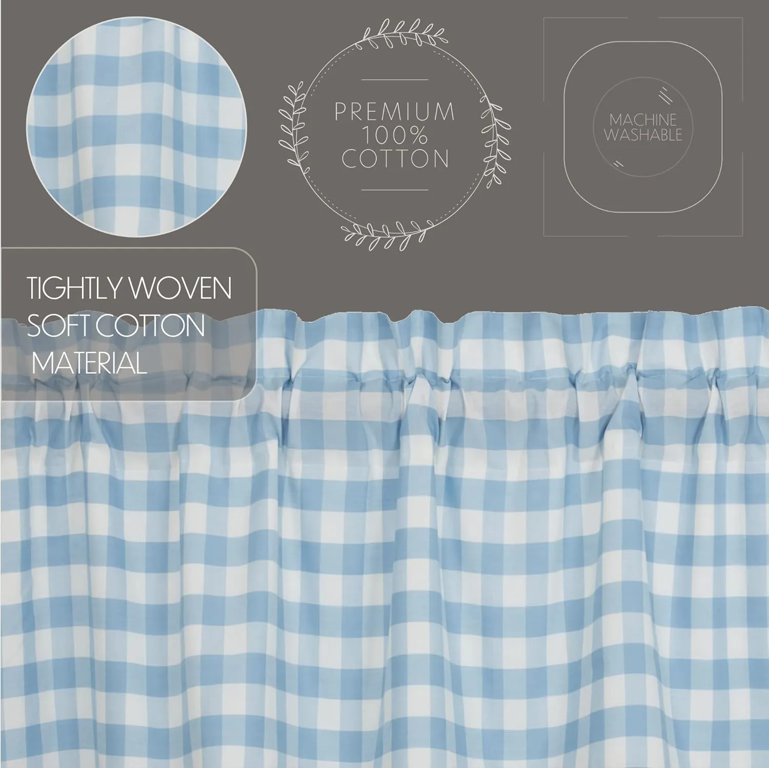 VHC Brands Annie Blue Buffalo Check Farmhouse Tier Kitchen Curtain Set 36x36