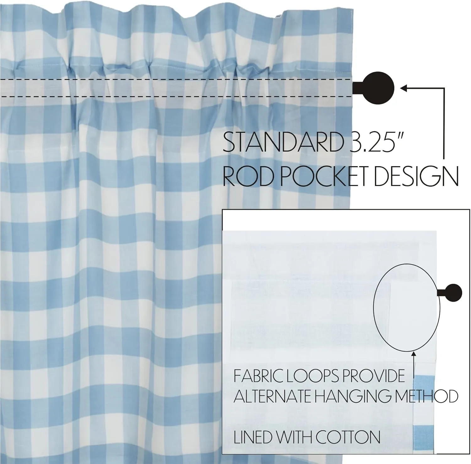 VHC Brands Annie Blue Buffalo Check Farmhouse Tier Kitchen Curtain Set 36x36