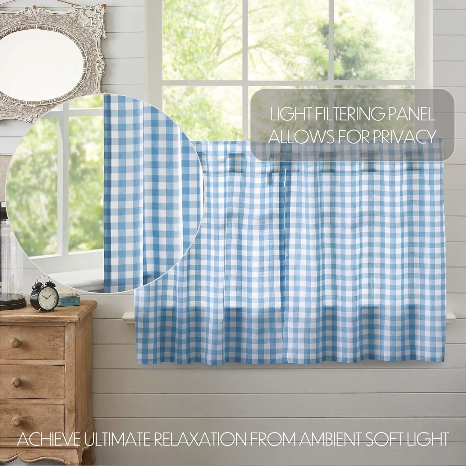 VHC Brands Annie Blue Buffalo Check Farmhouse Tier Kitchen Curtain Set 36x36
