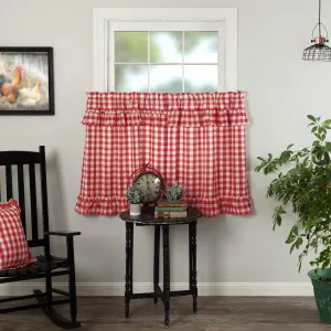 VHC Brands Annie Buffalo Check Cotton Farmhouse Kitchen Curtains Rod Pocket Hanging Loops Ruffling 36x36 Tier Pair, Red Country