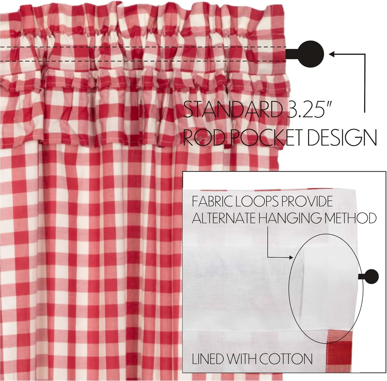 VHC Brands Annie Buffalo Check Cotton Farmhouse Kitchen Curtains Rod Pocket Hanging Loops Ruffling 36x36 Tier Pair, Red Country