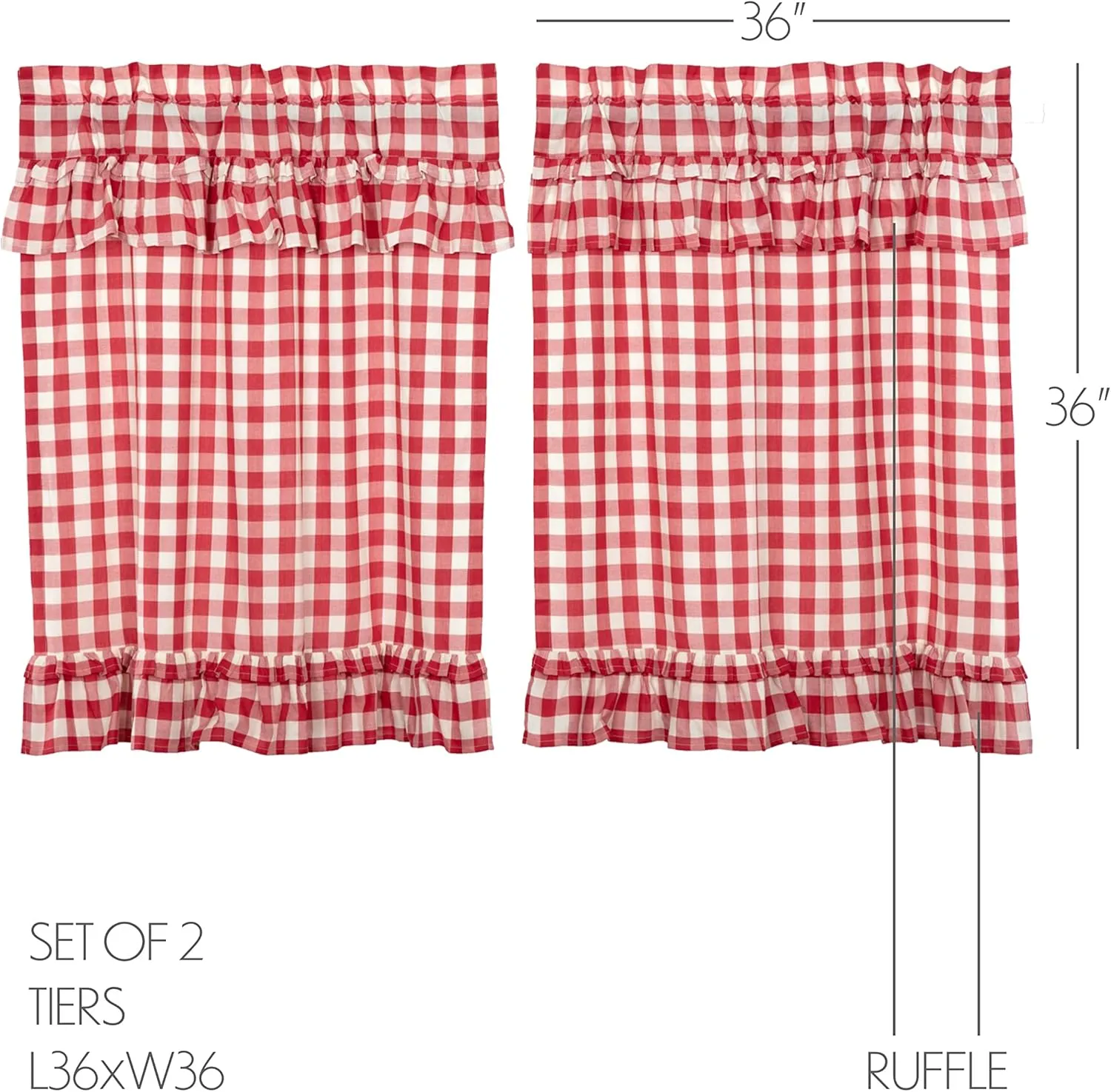 VHC Brands Annie Buffalo Check Cotton Farmhouse Kitchen Curtains Rod Pocket Hanging Loops Ruffling 36x36 Tier Pair, Red Country