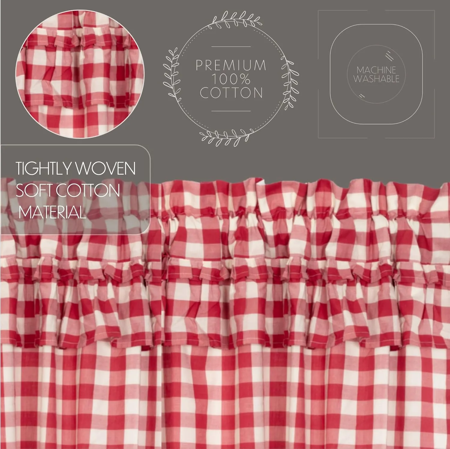 VHC Brands Annie Buffalo Check Cotton Farmhouse Kitchen Curtains Rod Pocket Hanging Loops Ruffling 36x36 Tier Pair, Red Country
