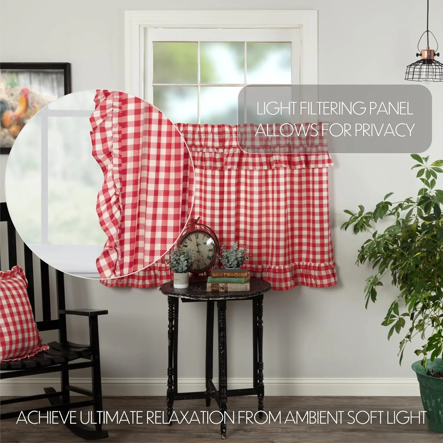 VHC Brands Annie Buffalo Check Cotton Farmhouse Kitchen Curtains Rod Pocket Hanging Loops Ruffling 36x36 Tier Pair, Red Country