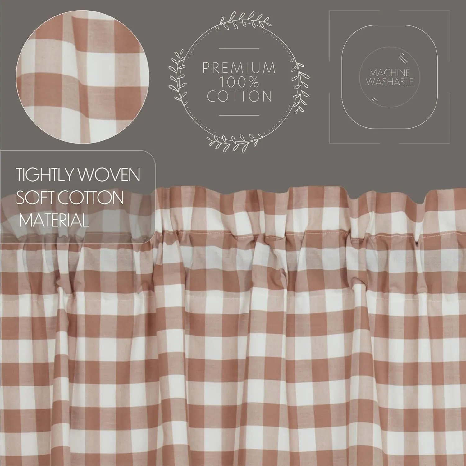 VHC Brands Annie Buffalo Portabella Check Farmhouse Swag Curtain Set 36x36x16