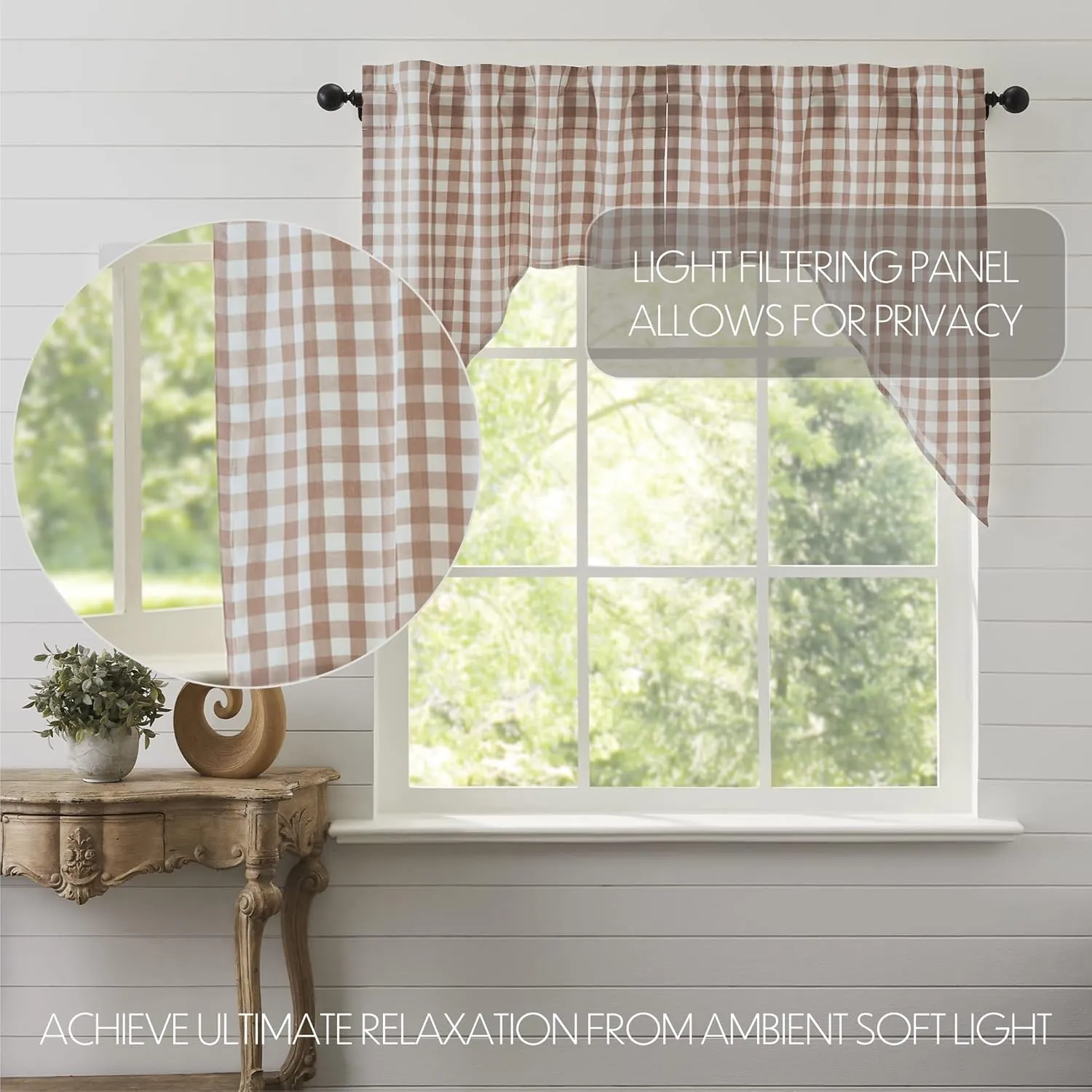 VHC Brands Annie Buffalo Portabella Check Farmhouse Swag Curtain Set 36x36x16