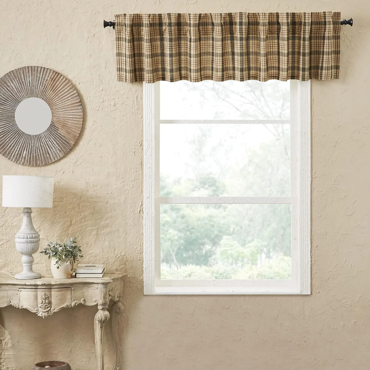 VHC Brands Cider Mill Plaid Valance, Tan & Charcoal, 16x90