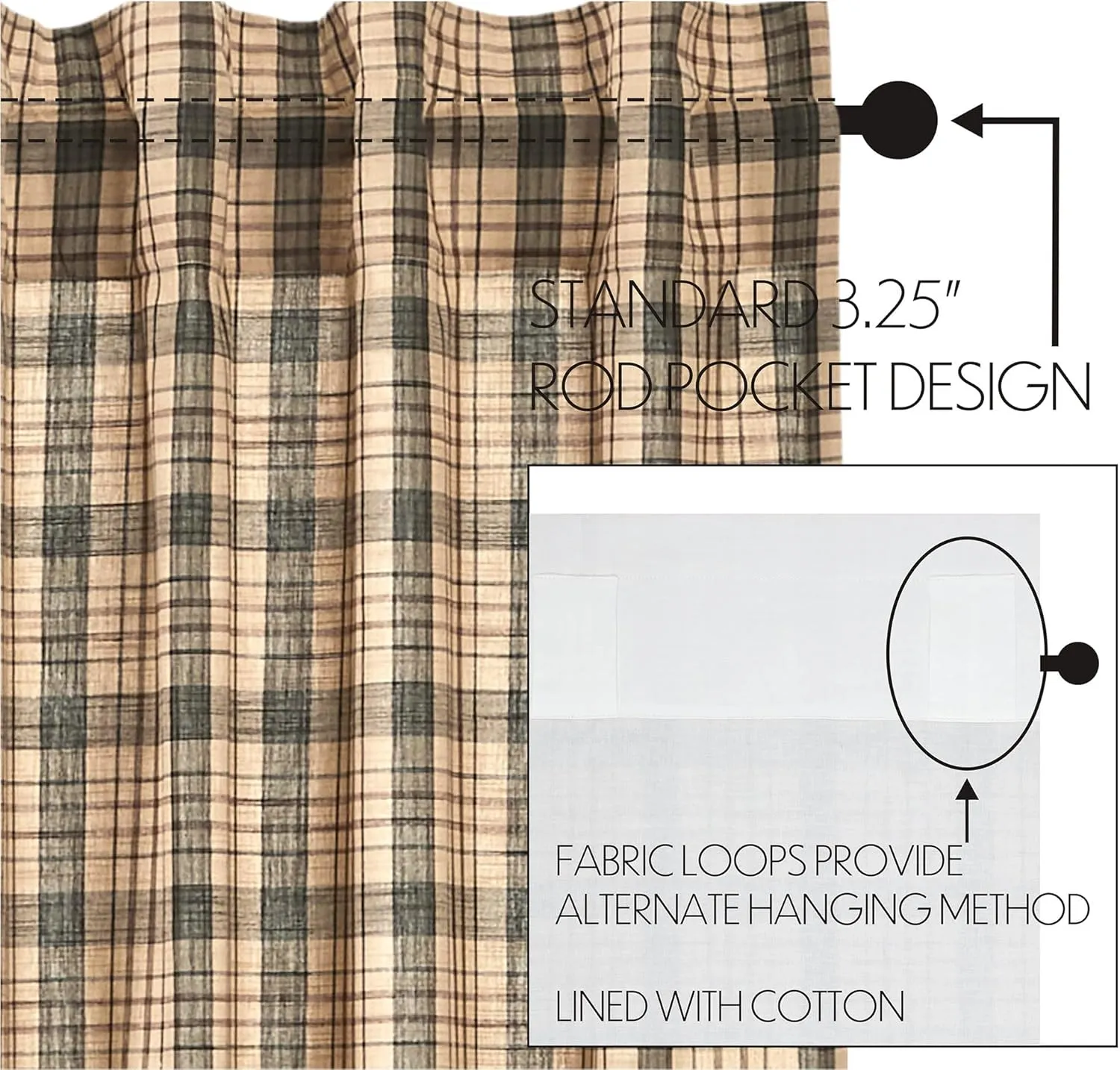 VHC Brands Cider Mill Plaid Valance, Tan & Charcoal, 16x90