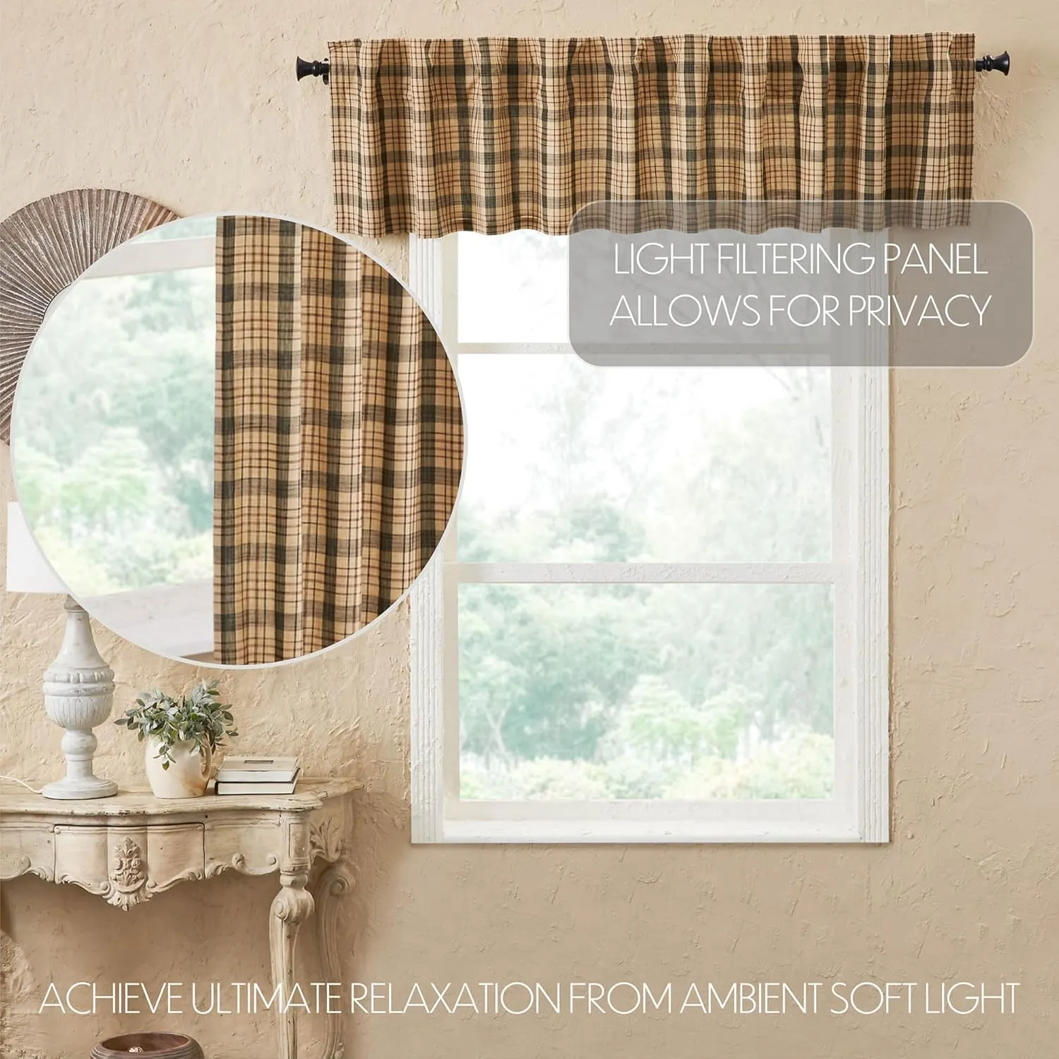 VHC Brands Cider Mill Plaid Valance, Tan & Charcoal, 16x90