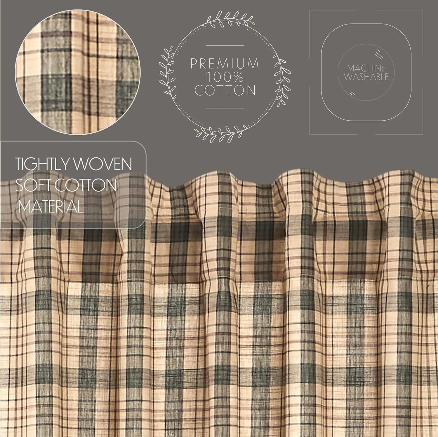 VHC Brands Cider Mill Plaid Valance, Tan & Charcoal, 16x90
