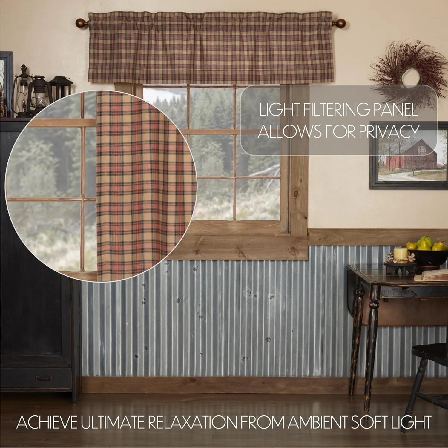 VHC Brands Crosswoods Plaid Cotton Primitive Kitchen Curtains Rod Pocket Hanging Loops 16x60 Valance, Natural Tan