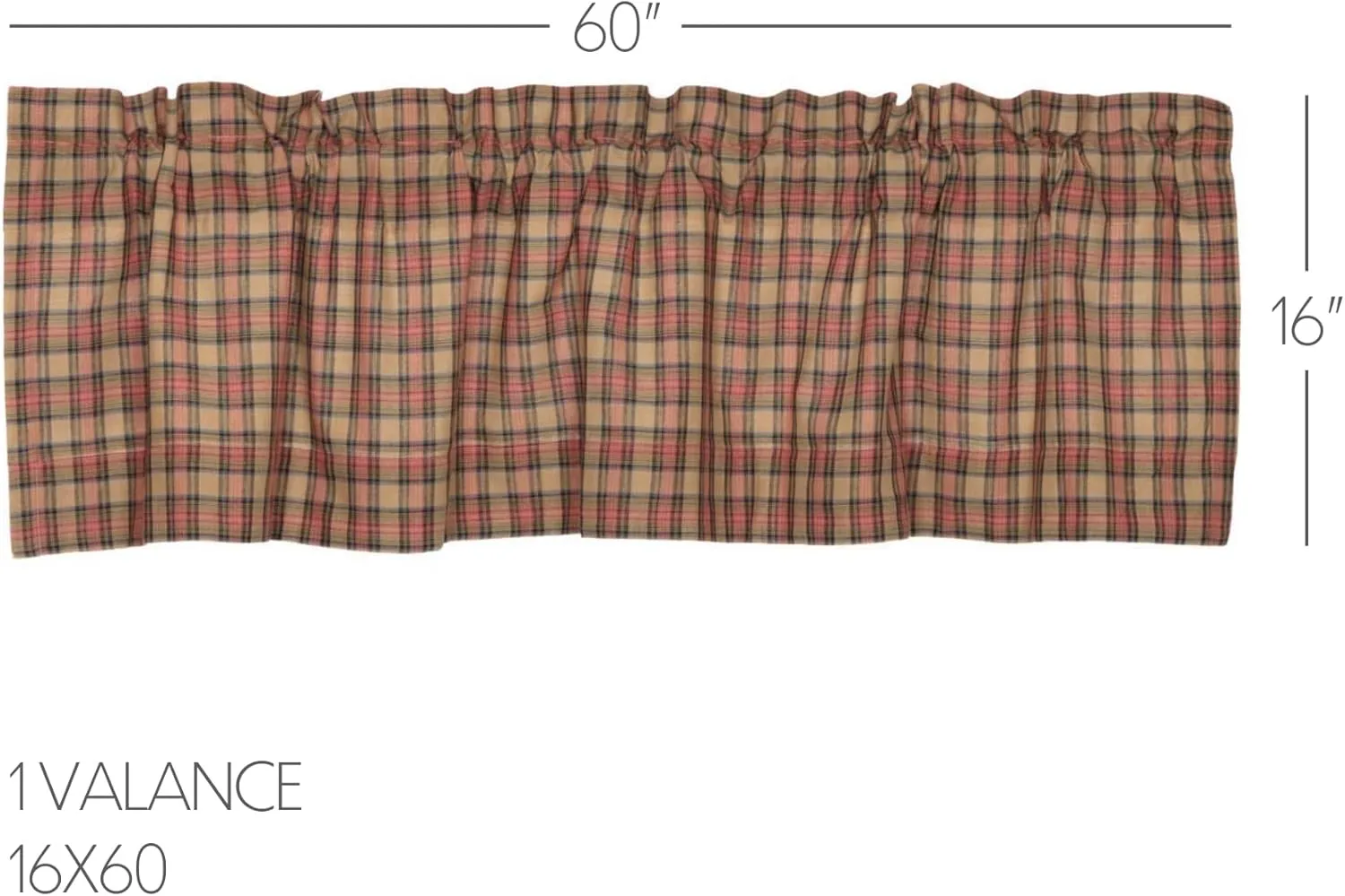 VHC Brands Crosswoods Plaid Cotton Primitive Kitchen Curtains Rod Pocket Hanging Loops 16x60 Valance, Natural Tan