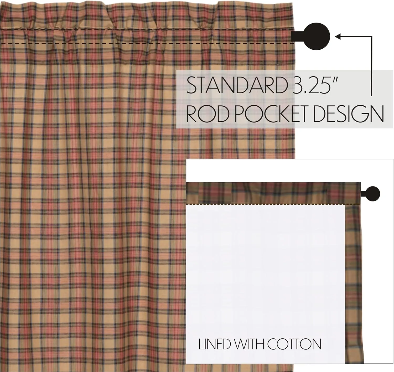 VHC Brands Crosswoods Plaid Cotton Primitive Kitchen Curtains Rod Pocket Hanging Loops 16x60 Valance, Natural Tan