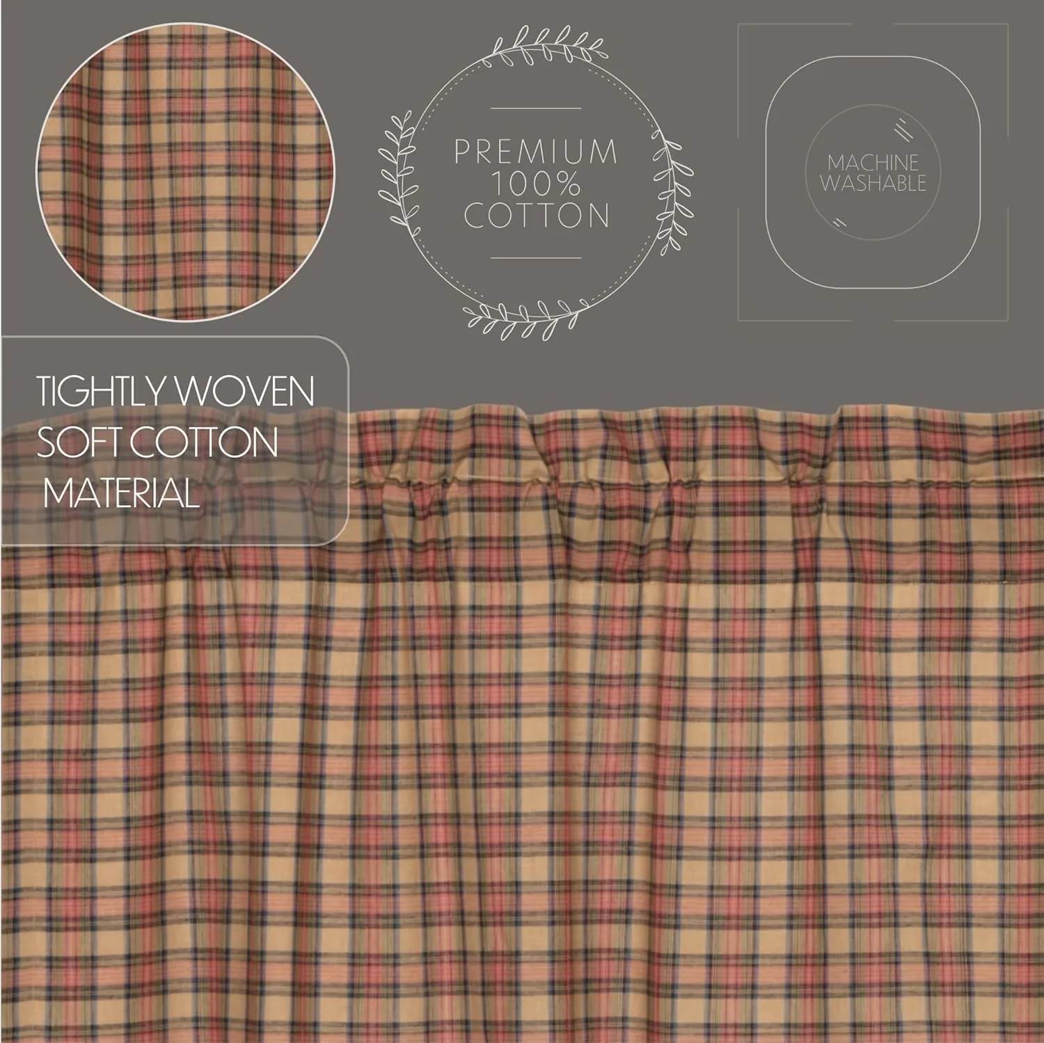 VHC Brands Crosswoods Plaid Cotton Primitive Kitchen Curtains Rod Pocket Hanging Loops 16x60 Valance, Natural Tan