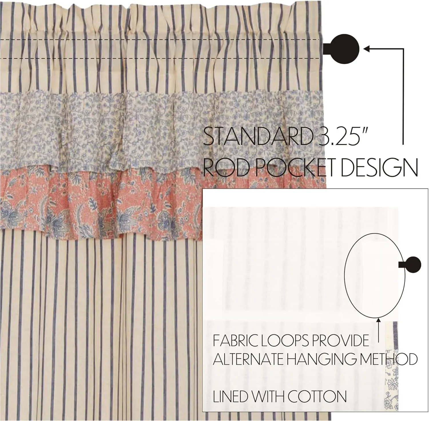 VHC Brands Kaila Country Cottage Ruffled Blue Ticking Stripe Kitchen Curtain Valance 16x60