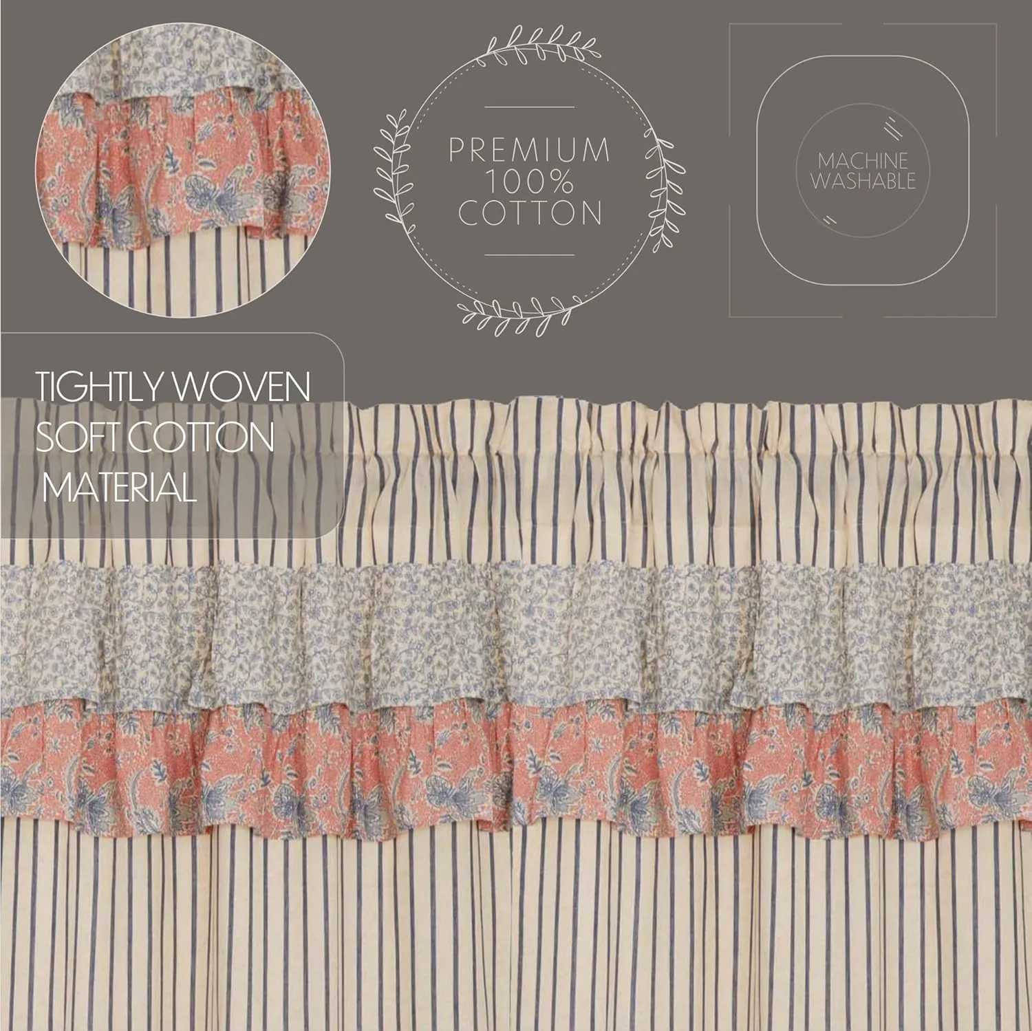 VHC Brands Kaila Country Cottage Ruffled Blue Ticking Stripe Kitchen Curtain Valance 16x60