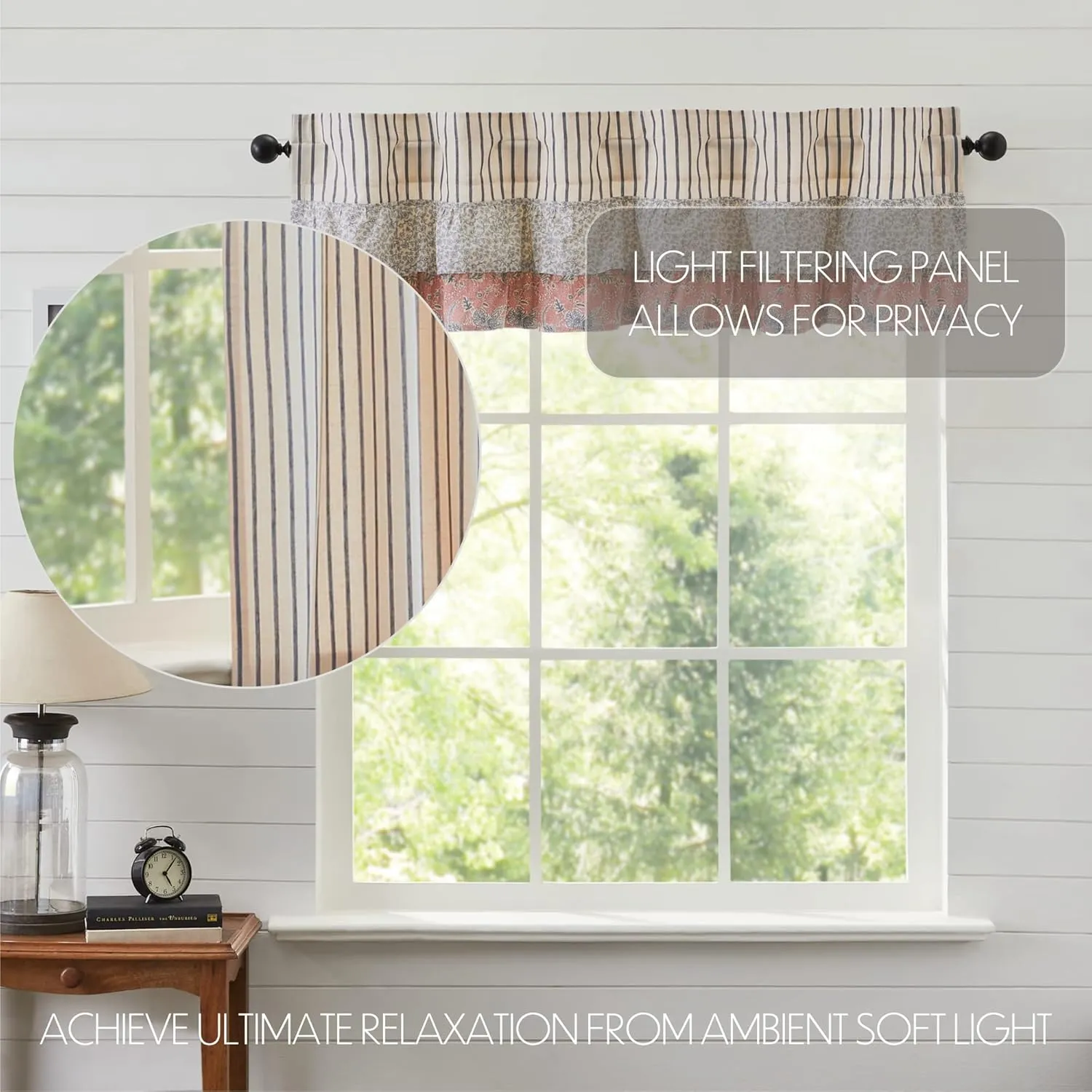 VHC Brands Kaila Country Cottage Ruffled Blue Ticking Stripe Kitchen Curtain Valance 16x60