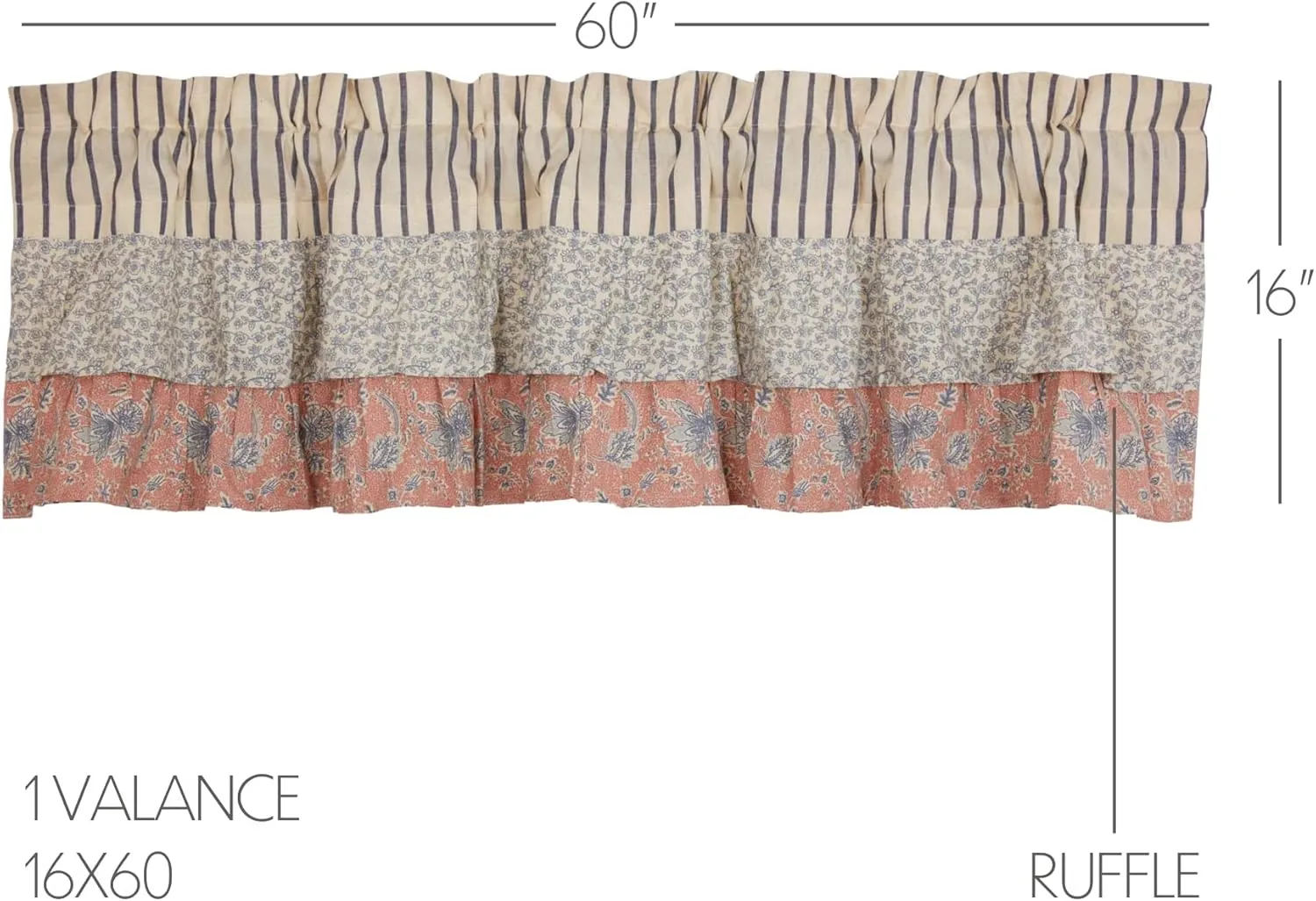 VHC Brands Kaila Country Cottage Ruffled Blue Ticking Stripe Kitchen Curtain Valance 16x60
