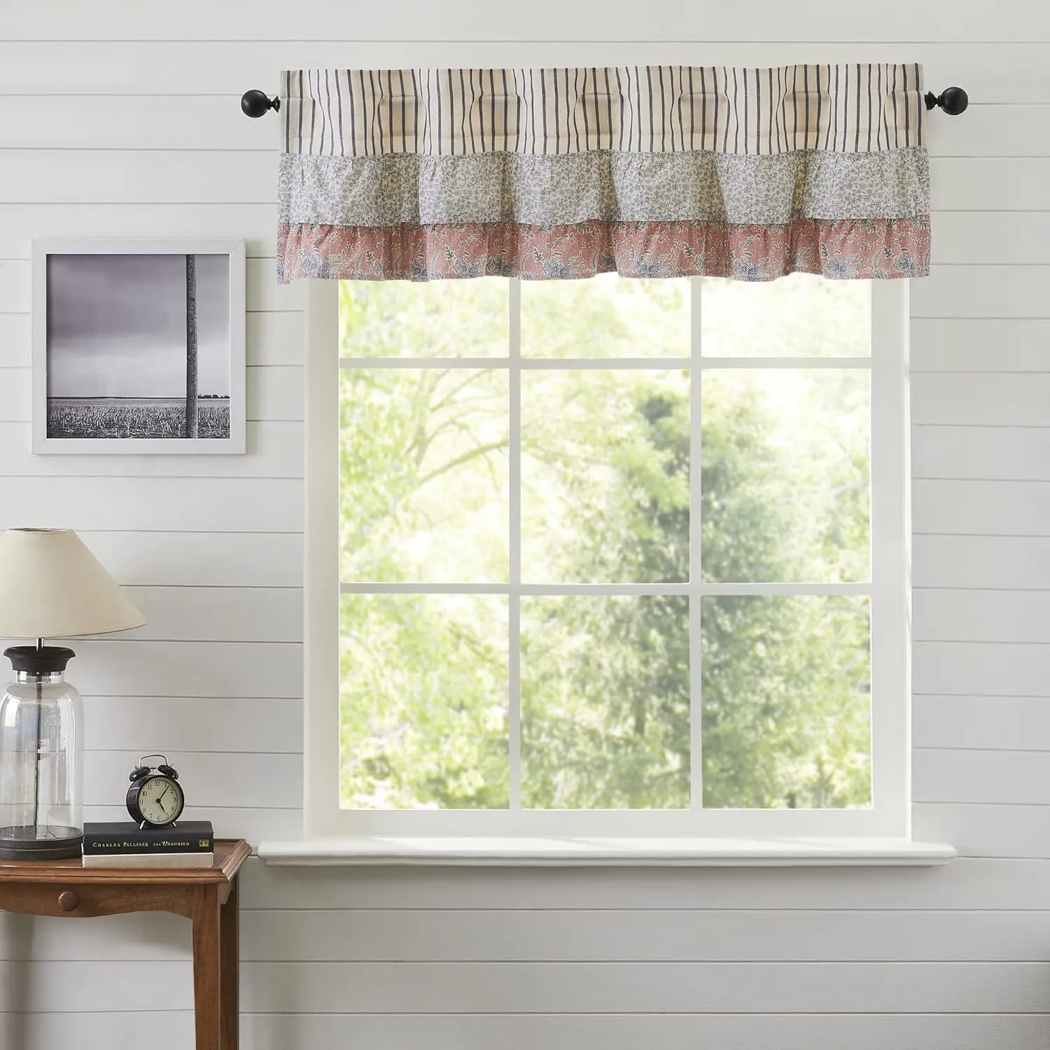 VHC Brands Kaila Country Cottage Ruffled Blue Ticking Stripe Kitchen Curtain Valance 16x60