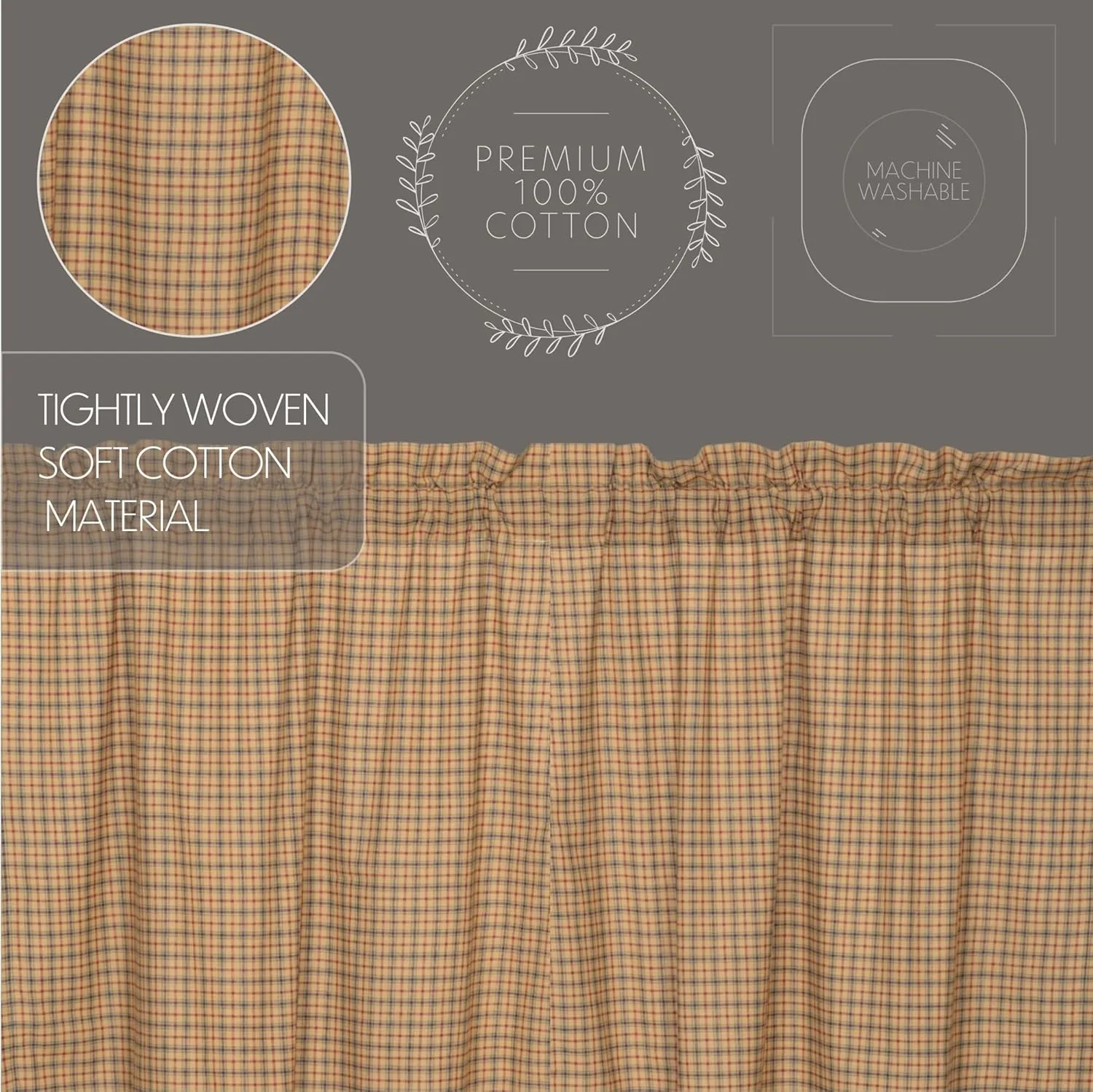 VHC Brands Millsboro Window Curtains, Short Panel Scalloped Set of 2, Tan, 63x36