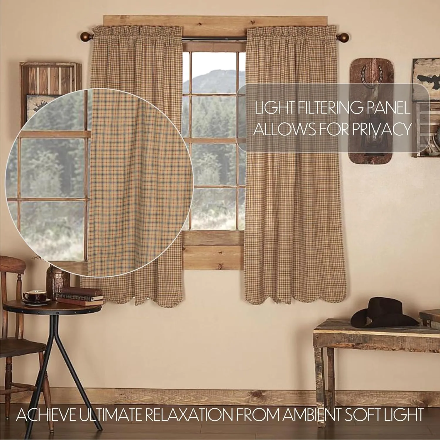 VHC Brands Millsboro Window Curtains, Short Panel Scalloped Set of 2, Tan, 63x36