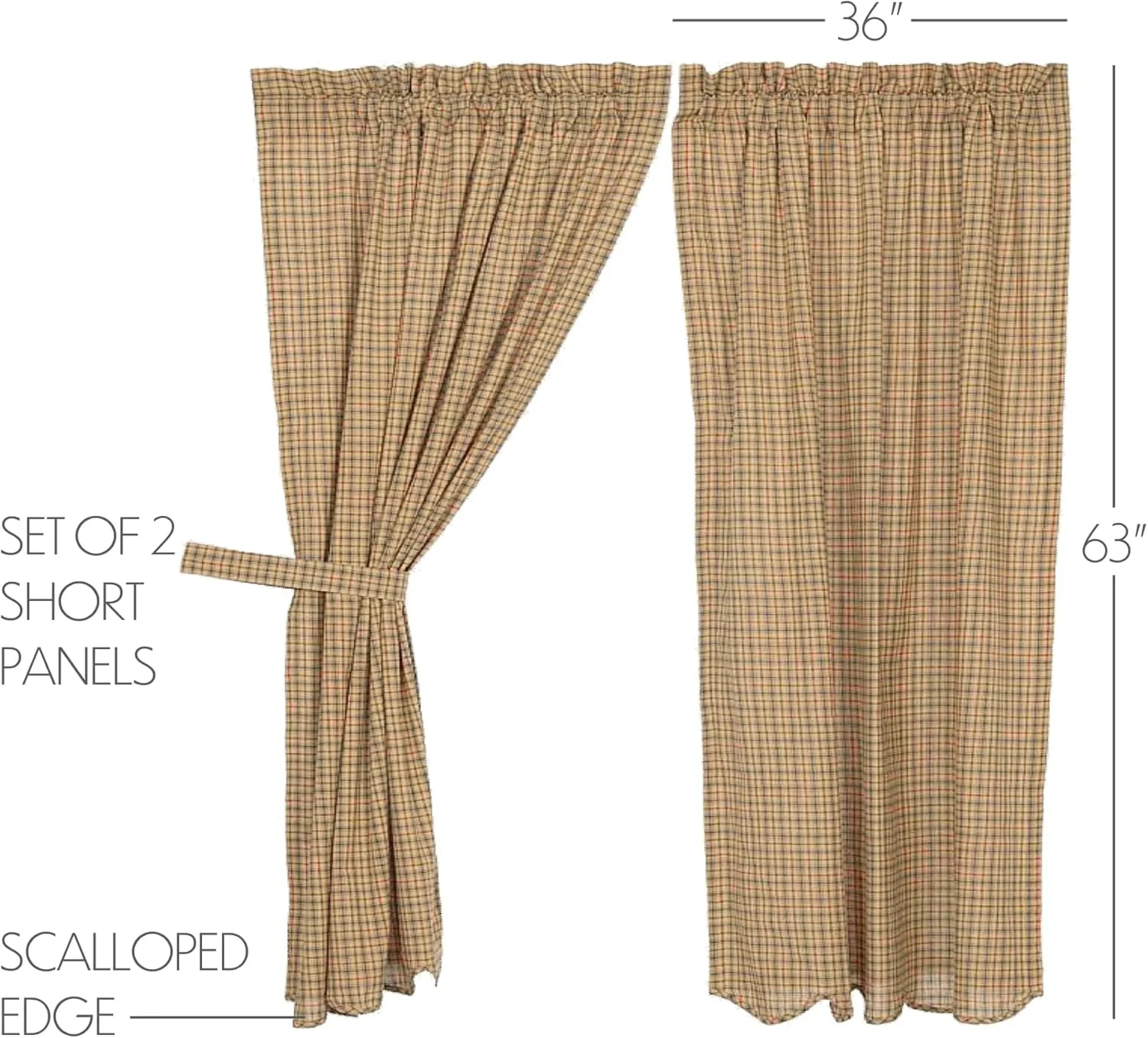 VHC Brands Millsboro Window Curtains, Short Panel Scalloped Set of 2, Tan, 63x36